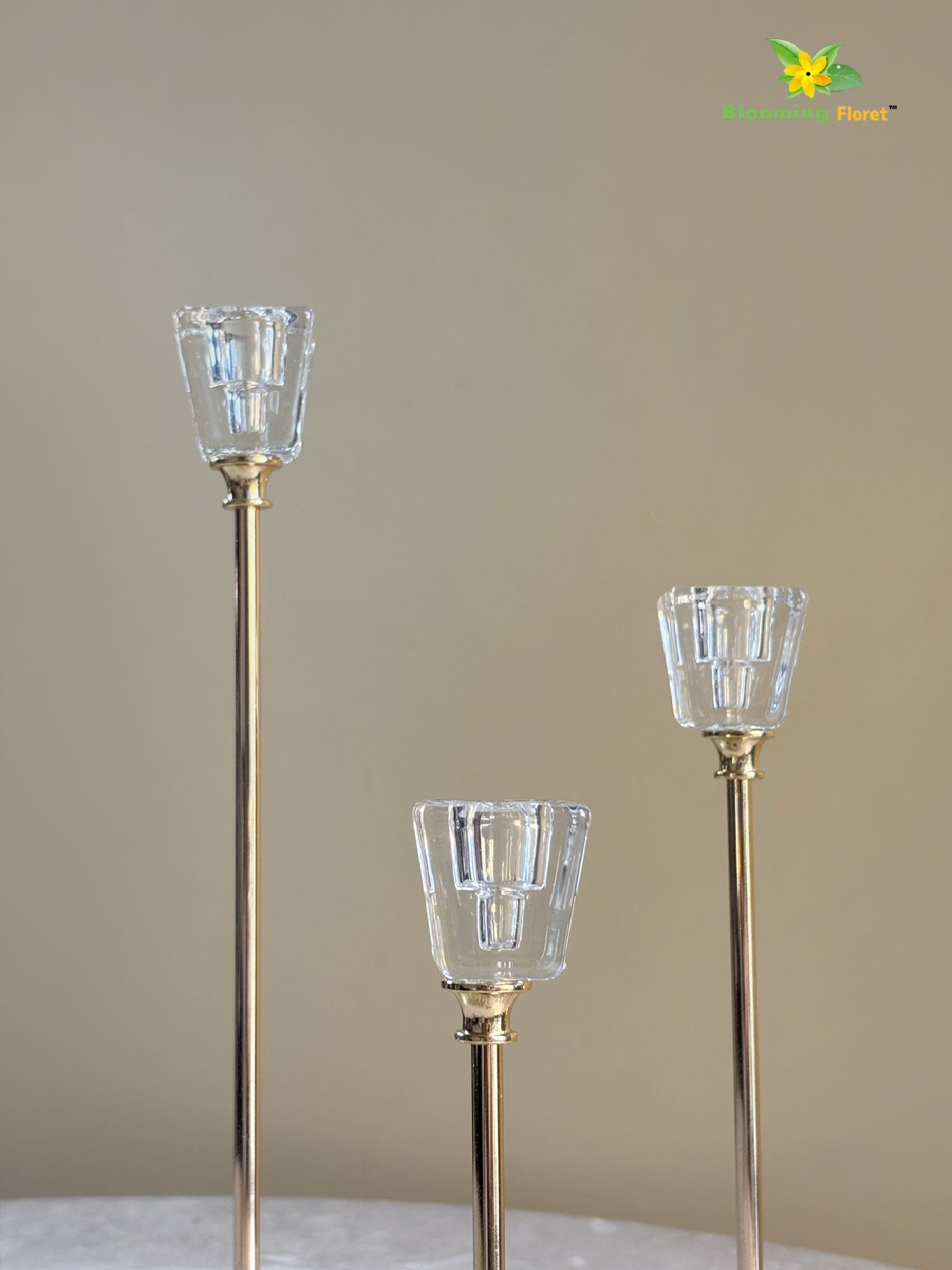 Candle Holder with Glass Base | Golden | Square Top | Set of 3