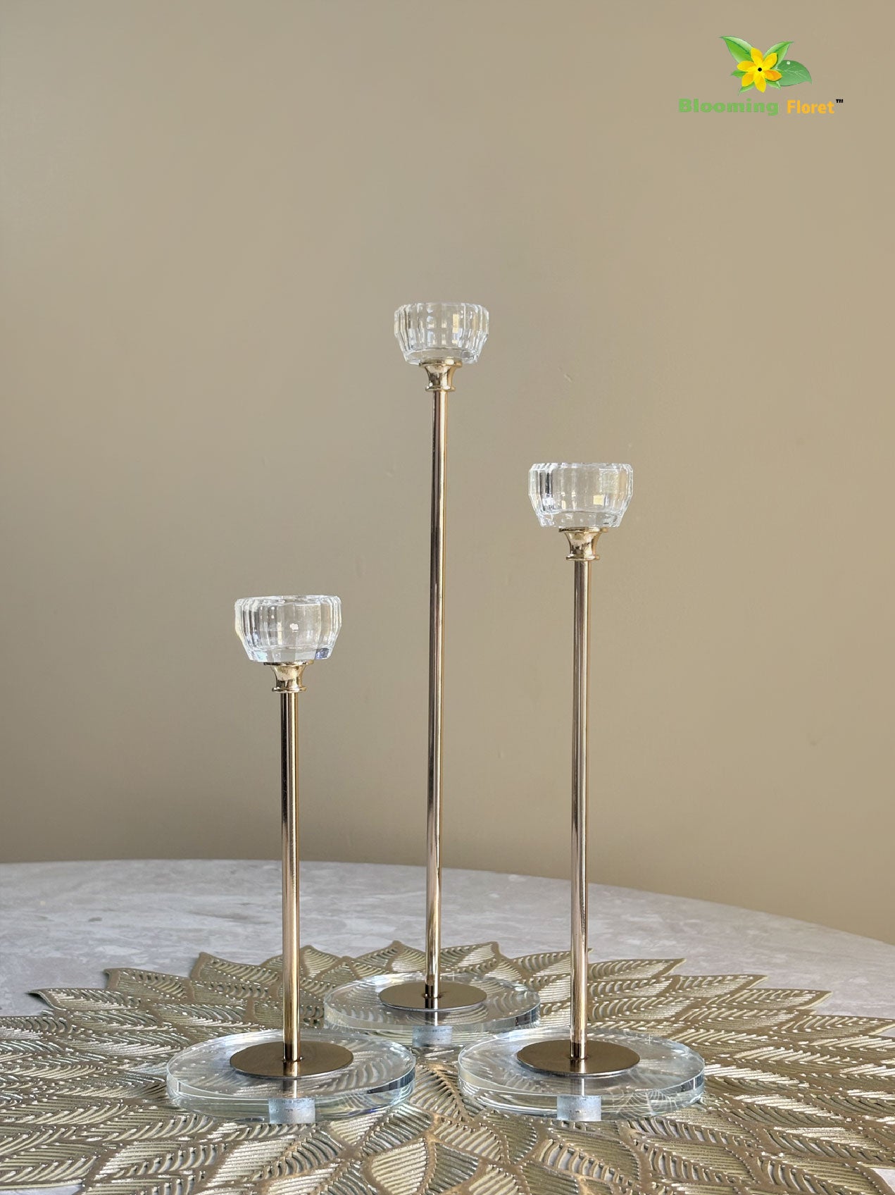 Candle Holder with Glass Base | Golden | Circular Top | Set of 3