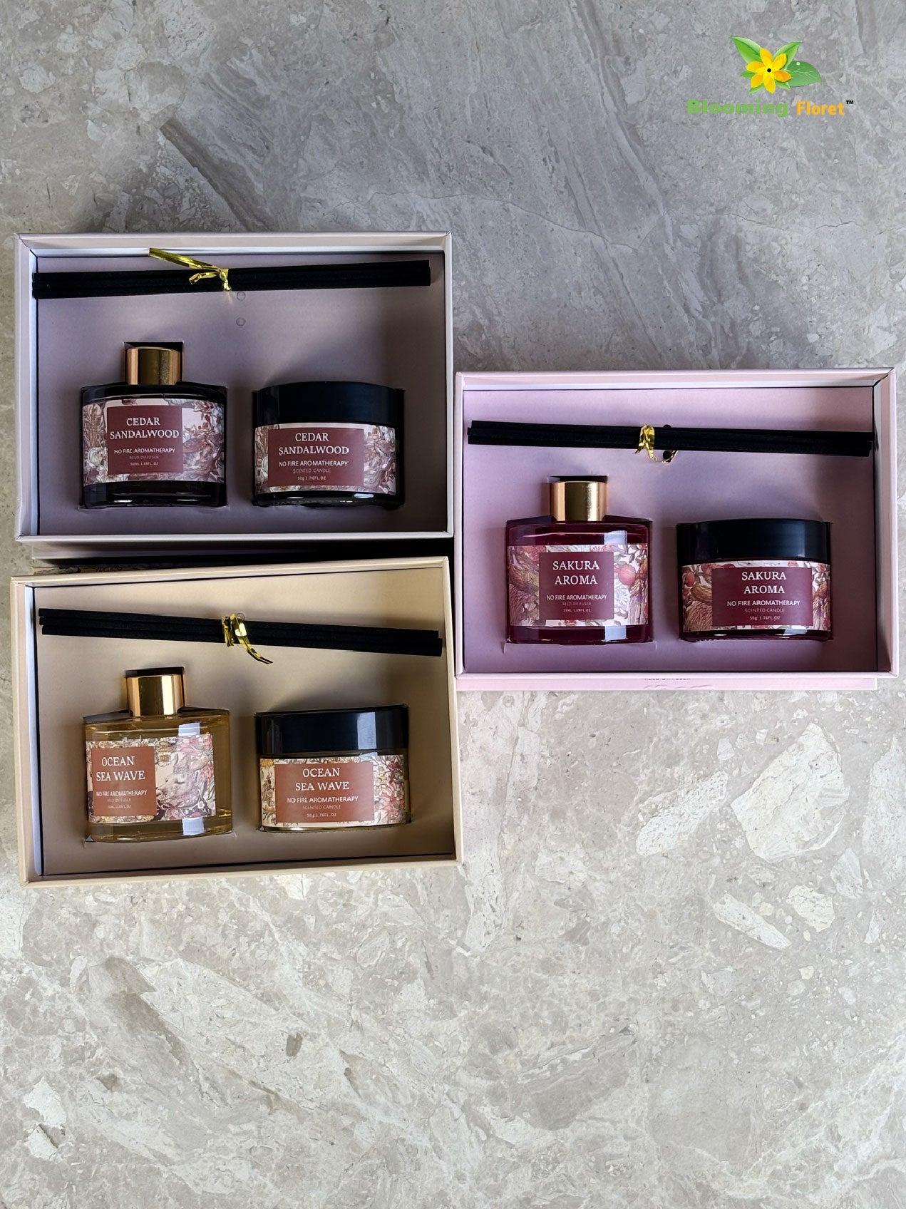 Aromatic Candle & Diffuser Set – Cedar Sandalwood | Ocean Sea Wave | Sakura Aroma