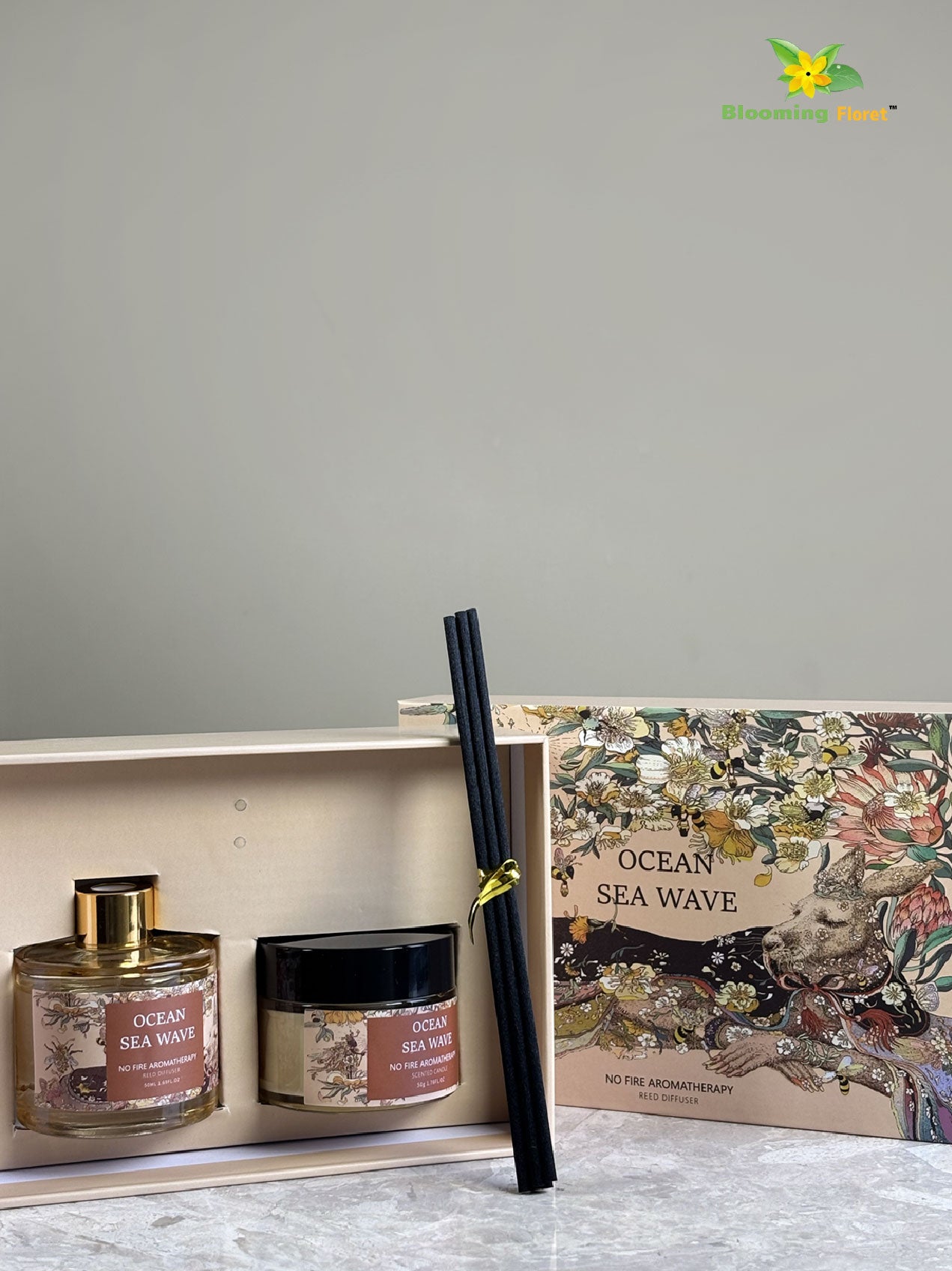 Aromatic Candle & Diffuser Set – Cedar Sandalwood | Ocean Sea Wave | Sakura Aroma