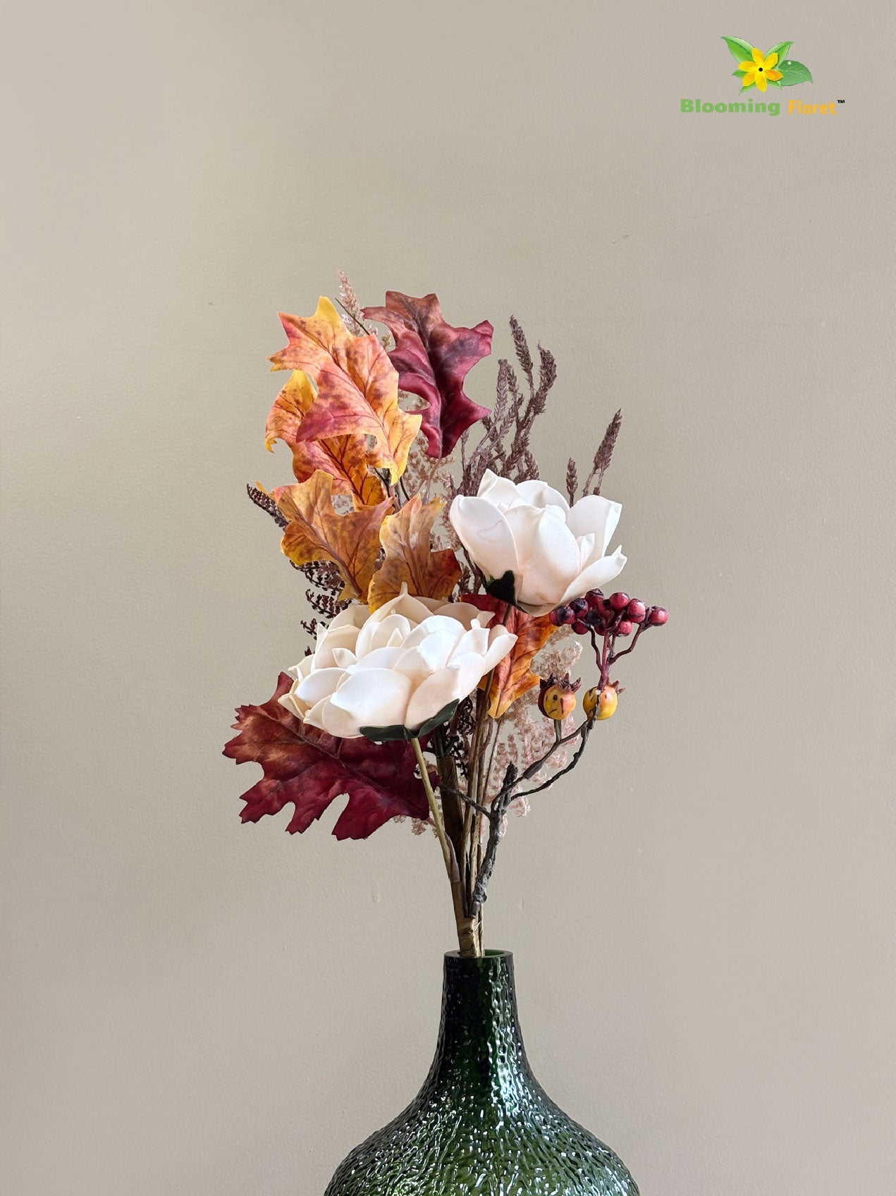 Eternal Autumn Charm – Dried Rose & Fall Leaves Bunch, Cream