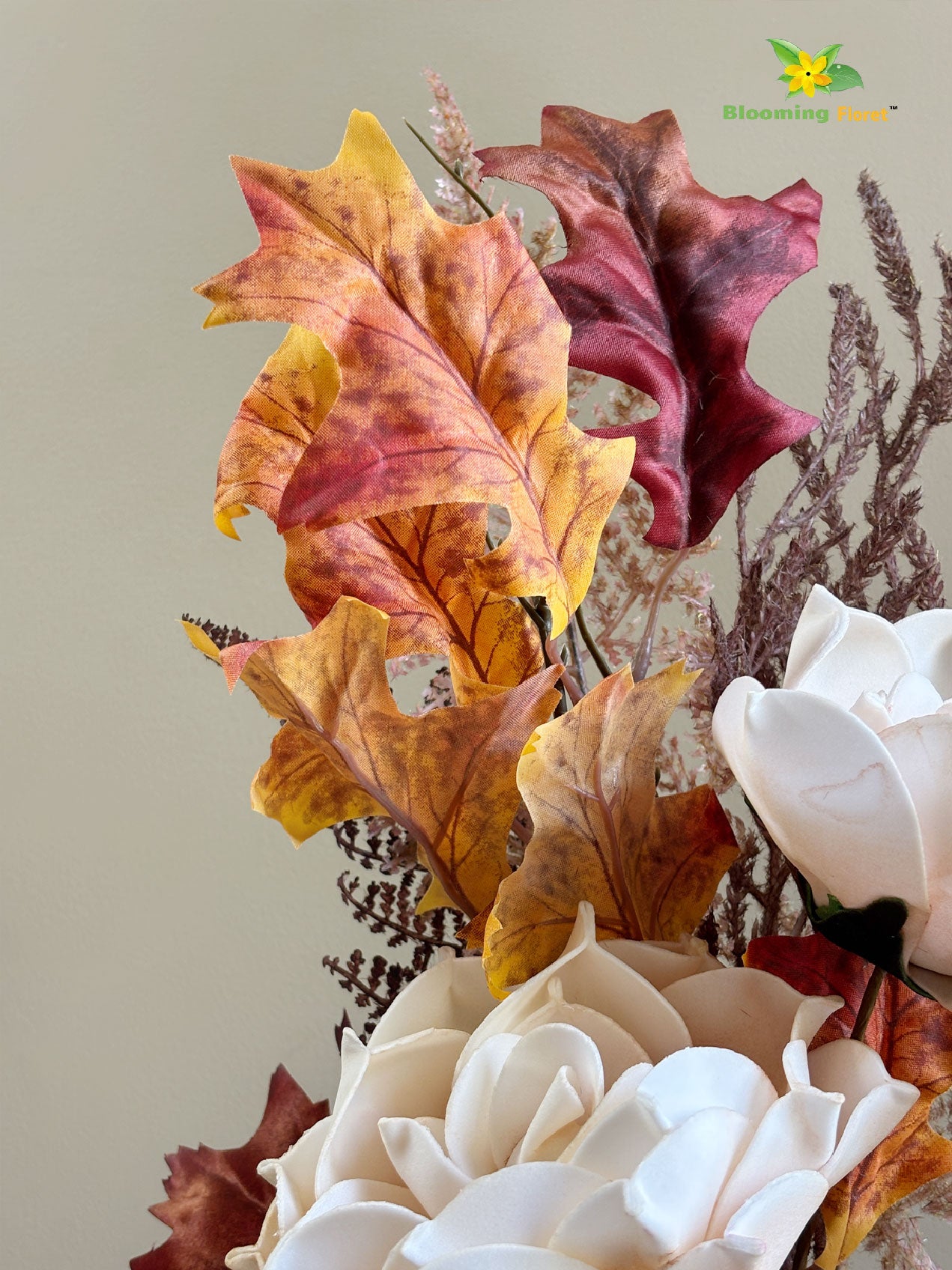 Eternal Autumn Charm – Dried Rose & Fall Leaves Bunch, Cream