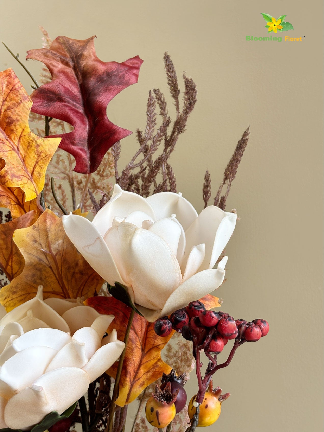 Eternal Autumn Charm – Dried Rose & Fall Leaves Bunch, Cream