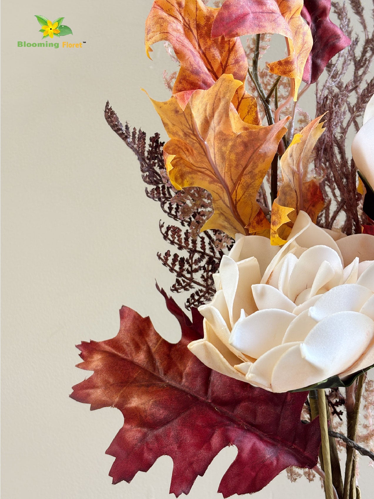 Eternal Autumn Charm – Dried Rose & Fall Leaves Bunch, Cream