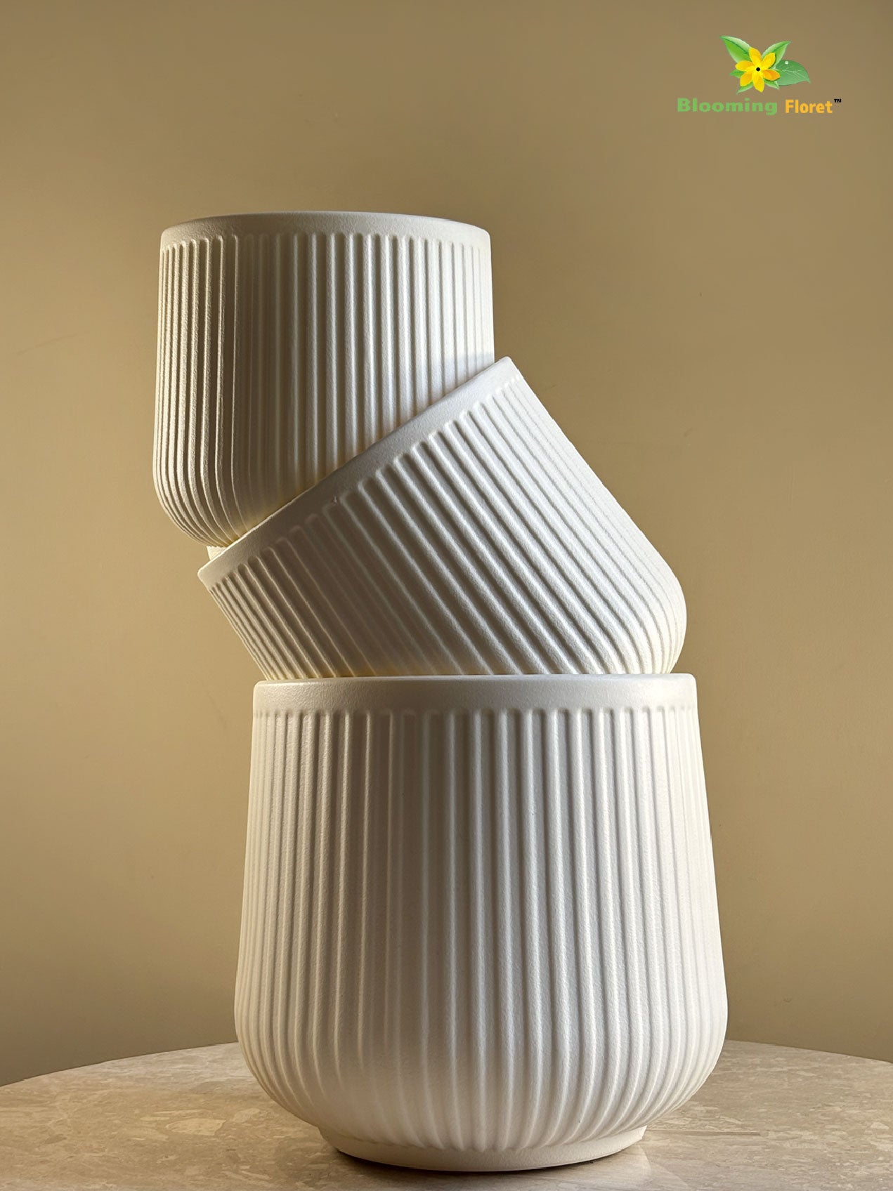 Textured Ribbed Cream Planters – Set of 3
