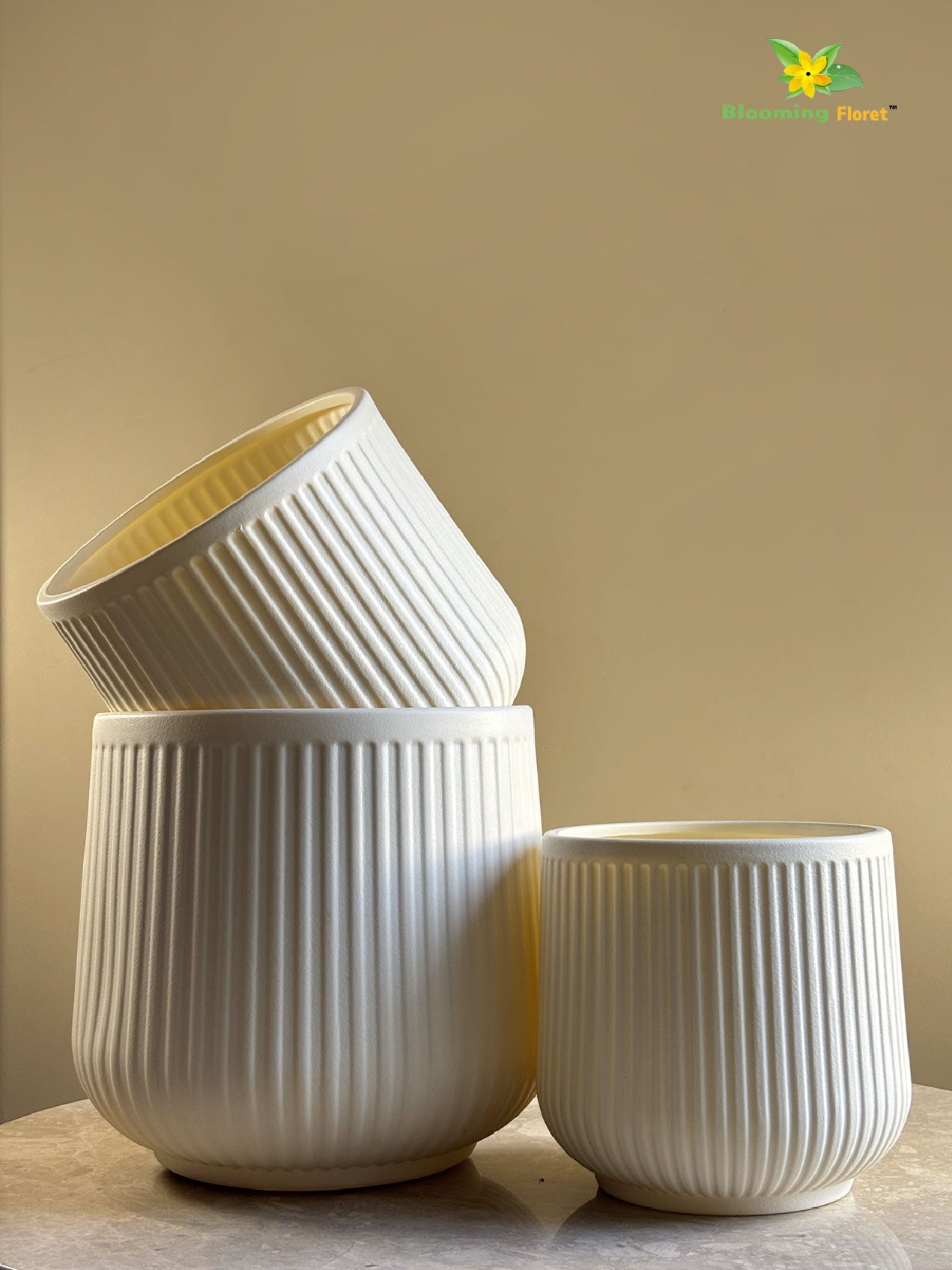 Textured Ribbed Cream Planters – Set of 3