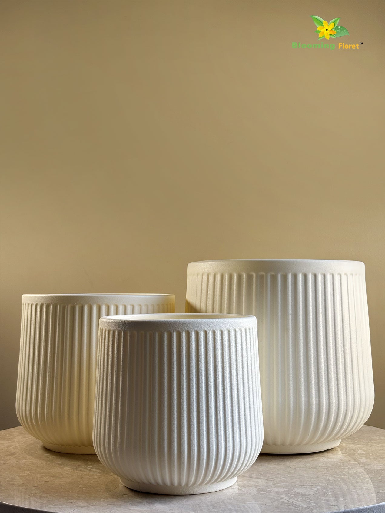 Textured Ribbed Cream Planters – Set of 3