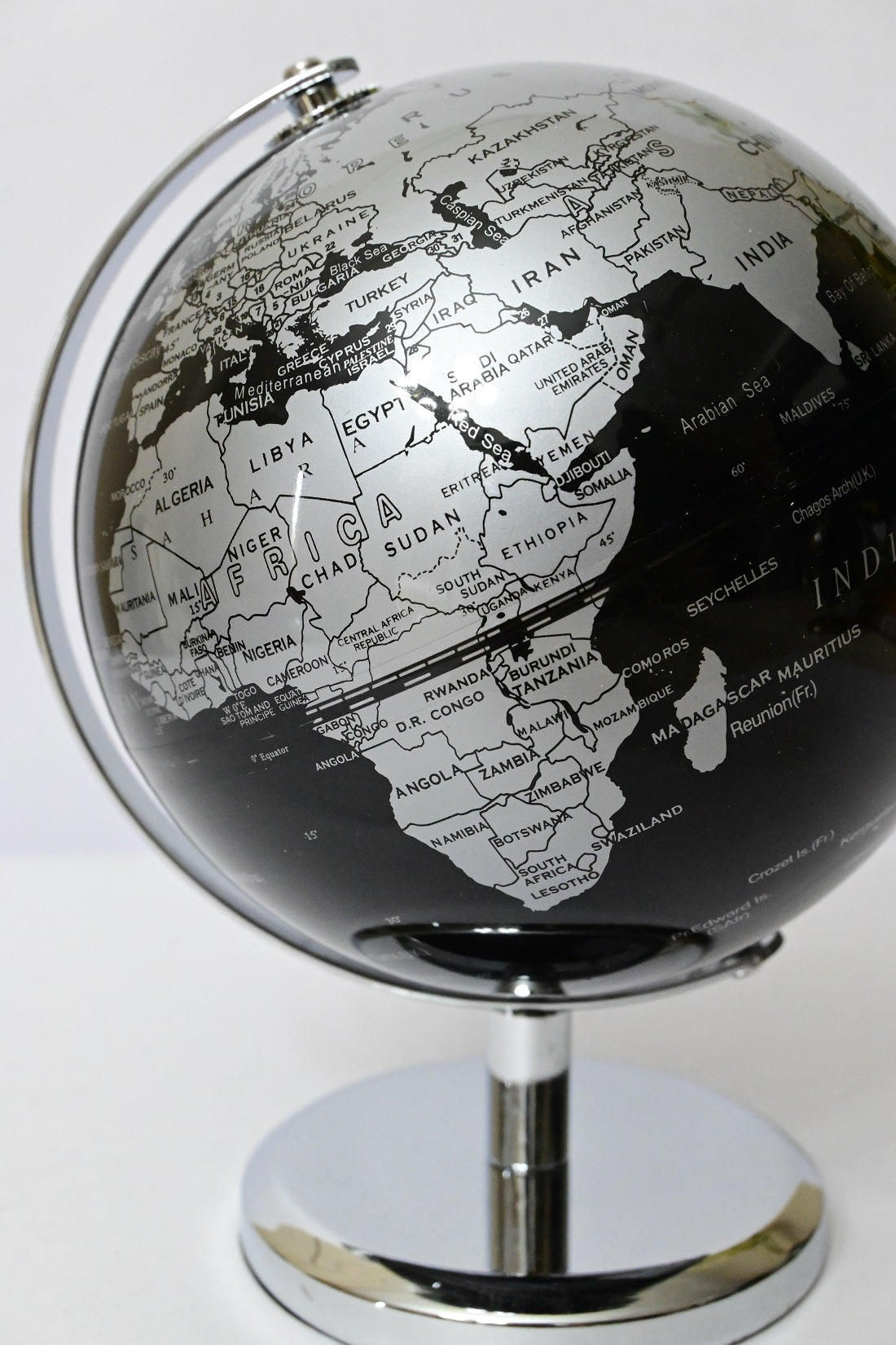 Globe on Metal Stand - Silver+Black