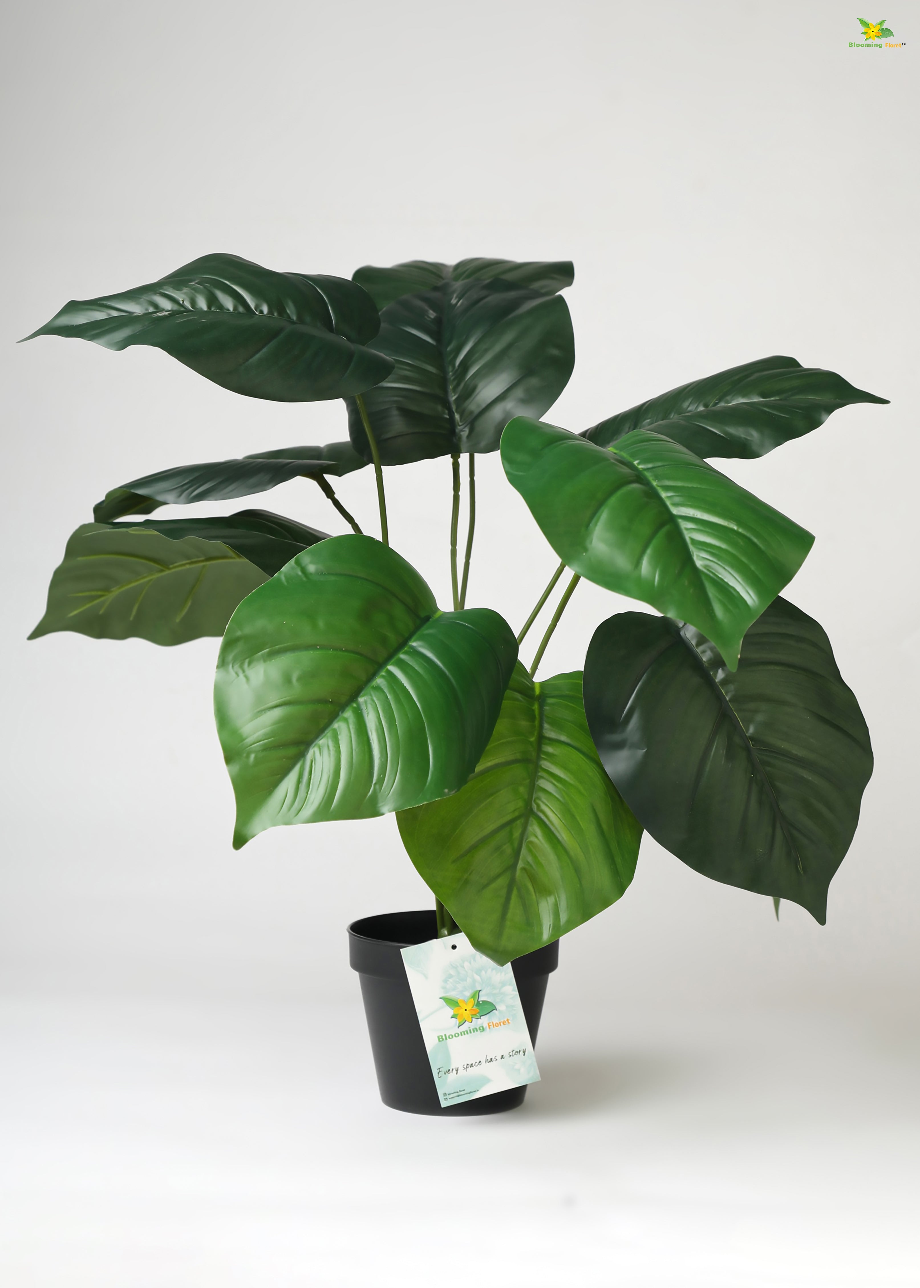 Artificial Philodendron Plant For Decor-12 Green Leaves-50.8 cm Short Tropical Plant-With Basic Pot