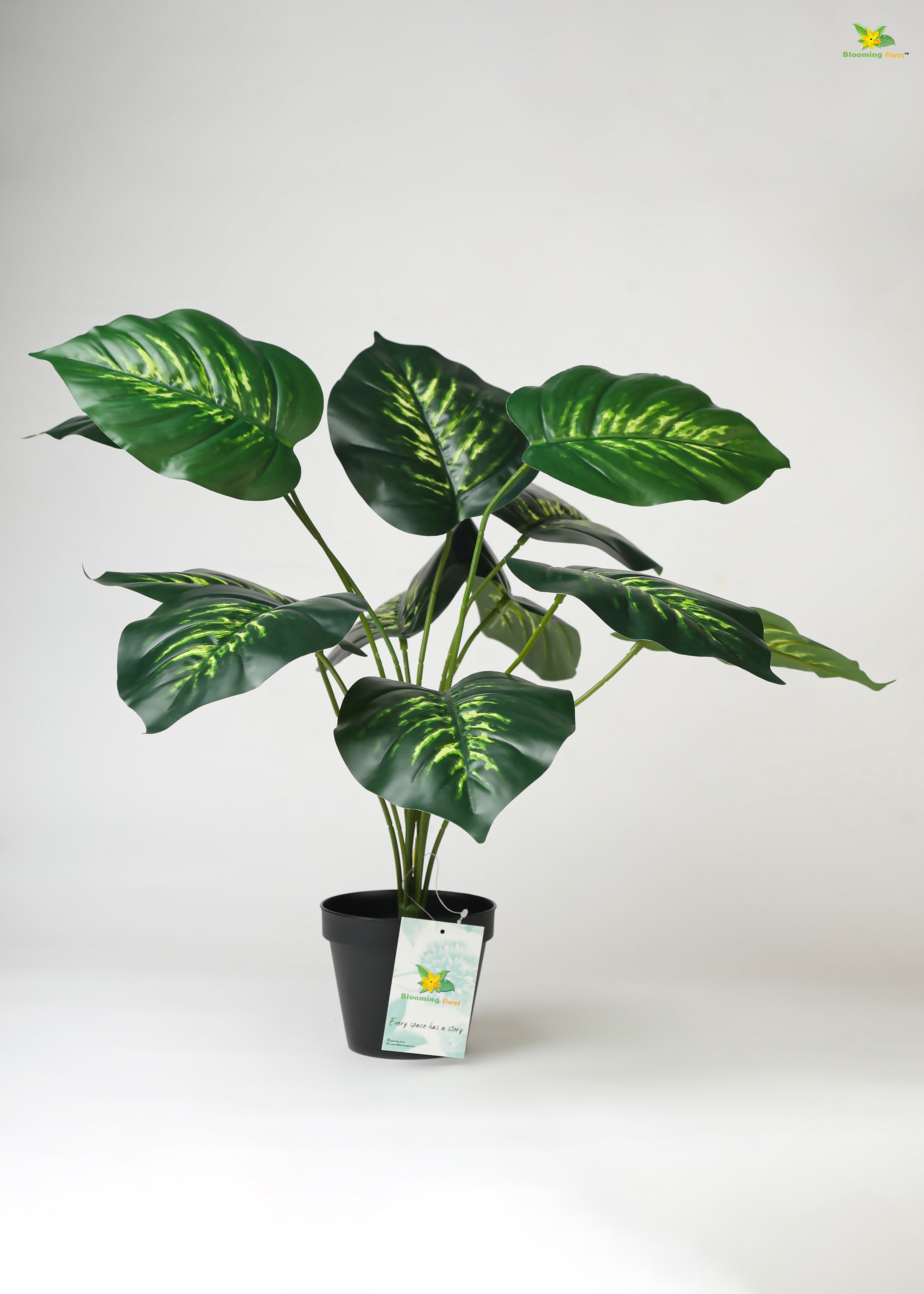 Artificial Philodendron Plant For Decor-12 Green & Yellow Leaves-50.8 cm Short Natural Looking Plant-With Basic Pot