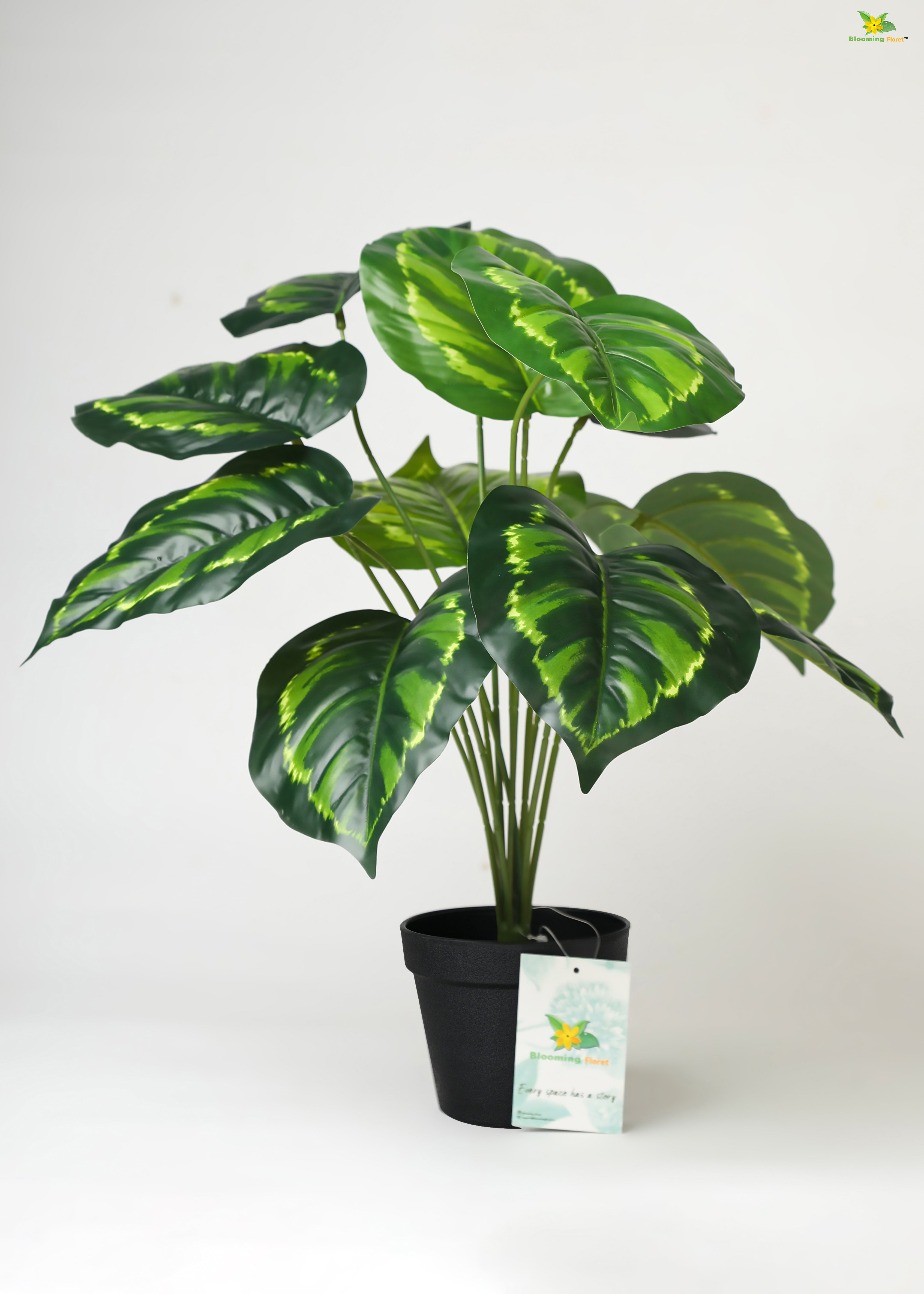 Artificial Philodendron Plant For Decor-12 Green Patterned Leaves- 50.8 cm Short Tropical Plant-With Basic Pot