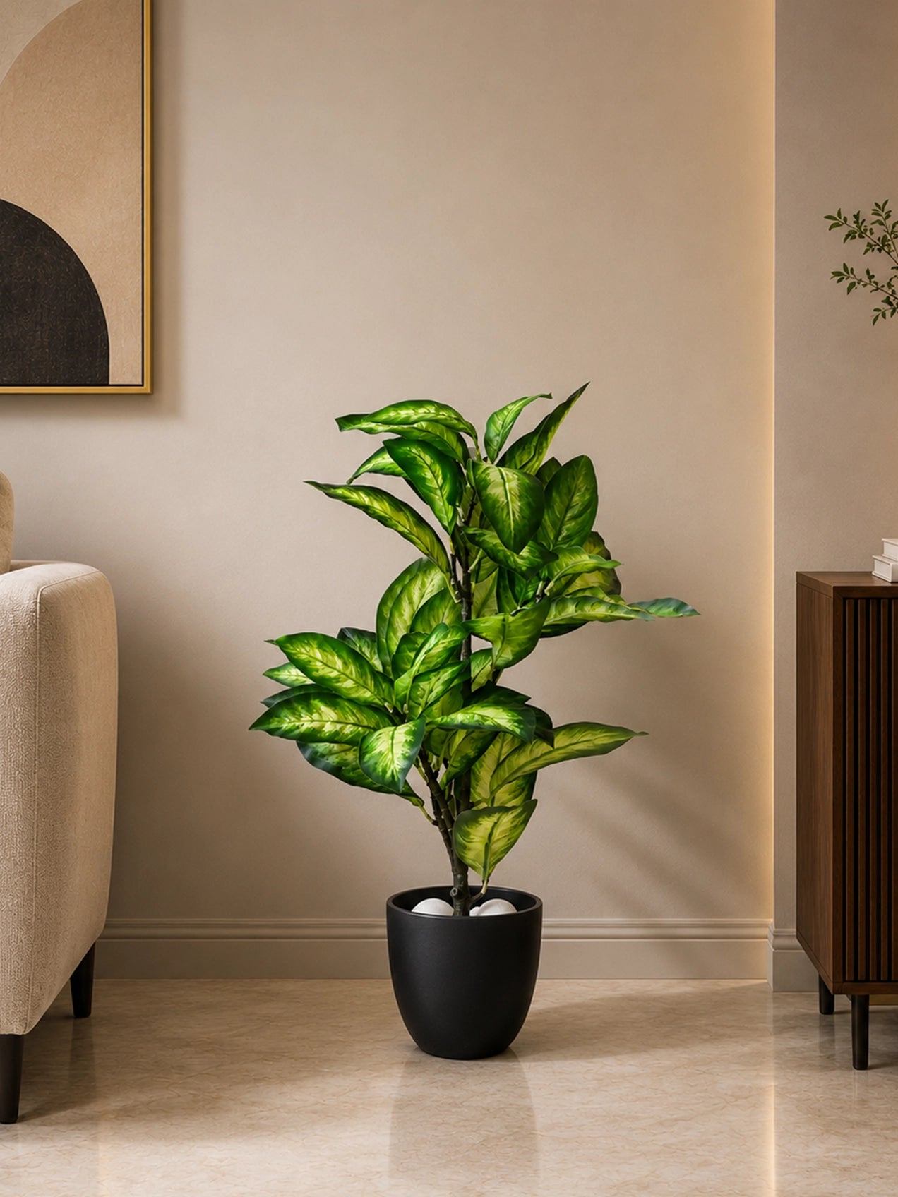 Artificial Dieffenbachia Seguine Plant | 66 cm | 15 Leaves | With Basic Pot