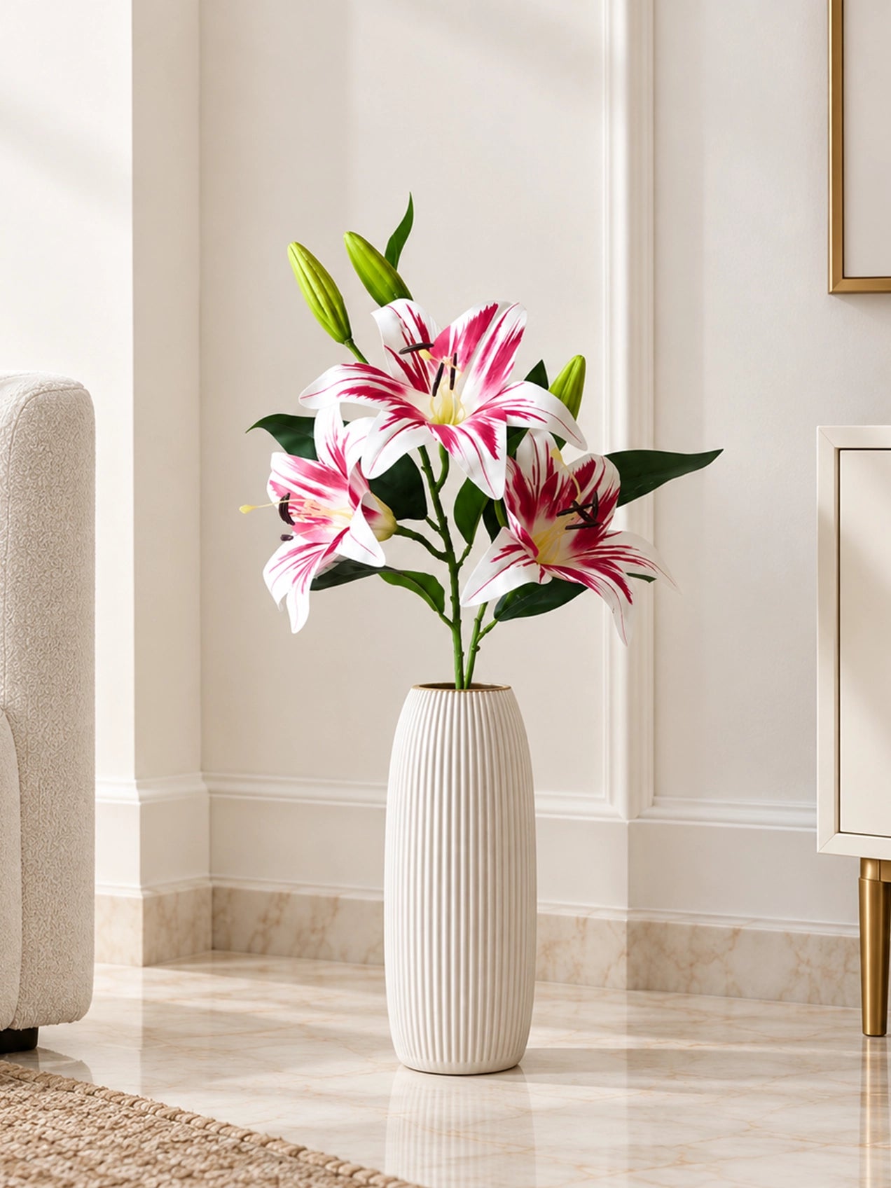 Artificial Lily Flower Stick | White & Magenta | 88 cm