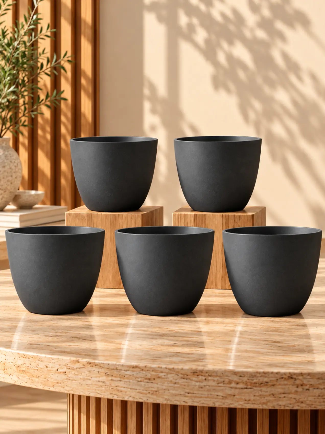 Black Round Planter | 17 cm | Set of 5