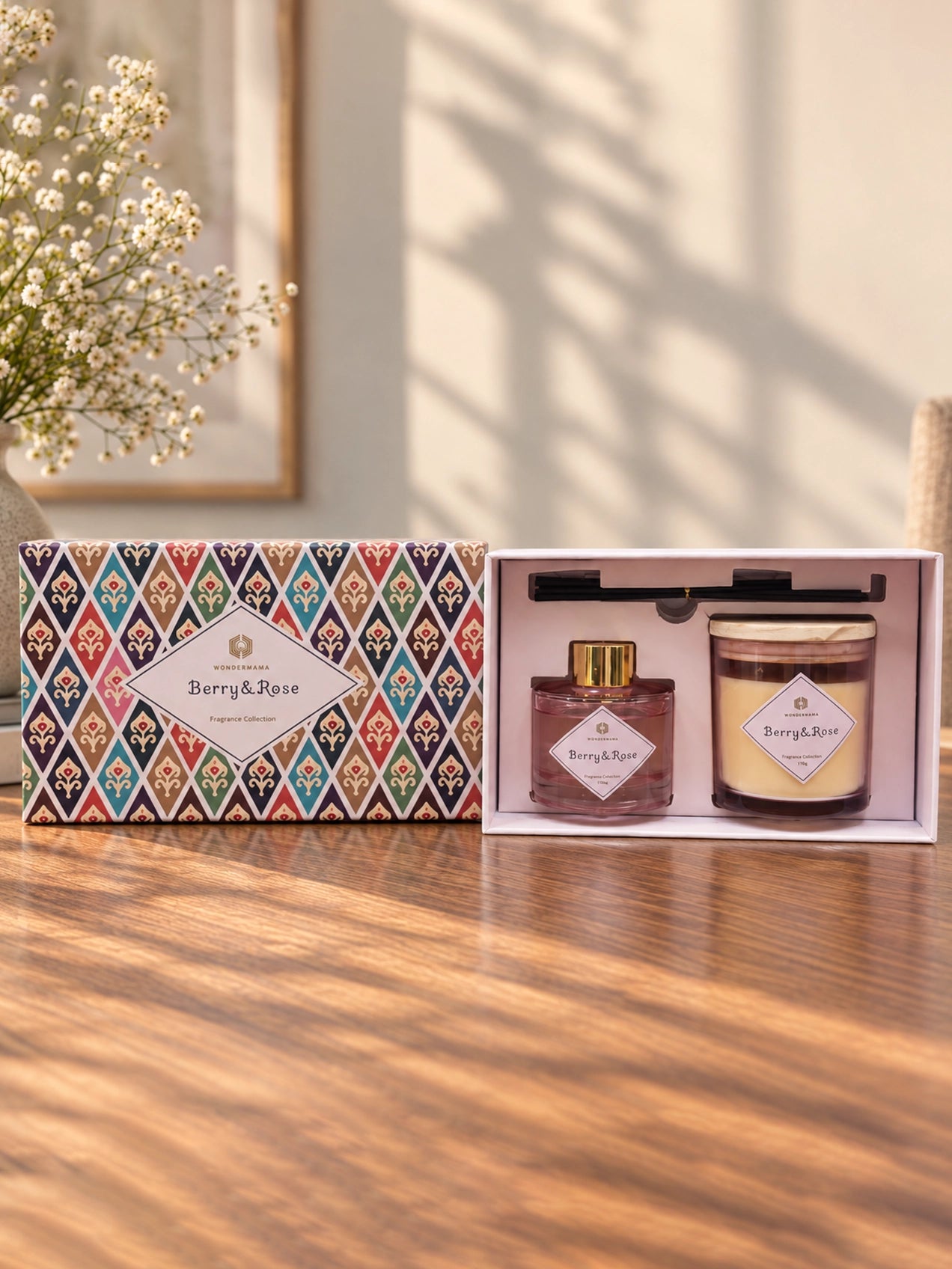 Reed Fragrance Diffuser & Candle Set | Berry & Rose | 26 cm