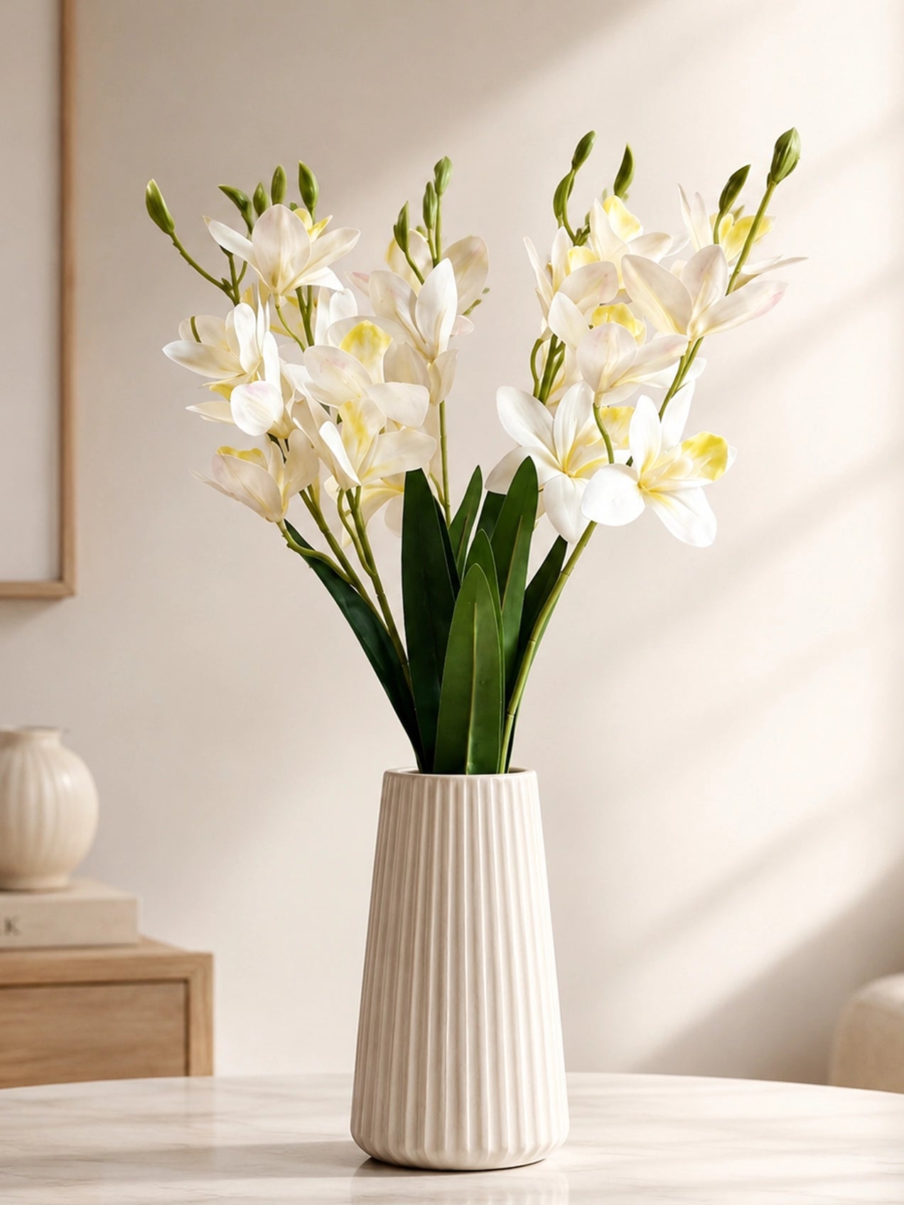 Artificial Cymbidium Orchid Flower Bunch | White | 57 cm