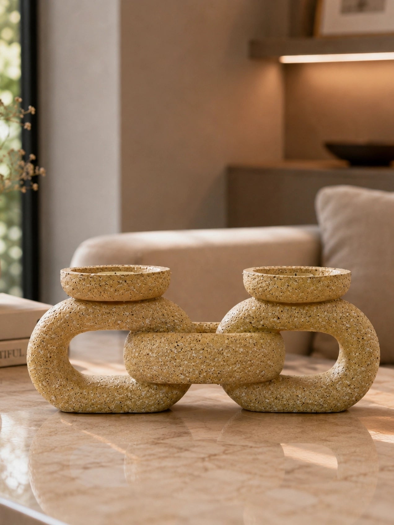 Stone Dual Candle Holder | Beige | 20 cm