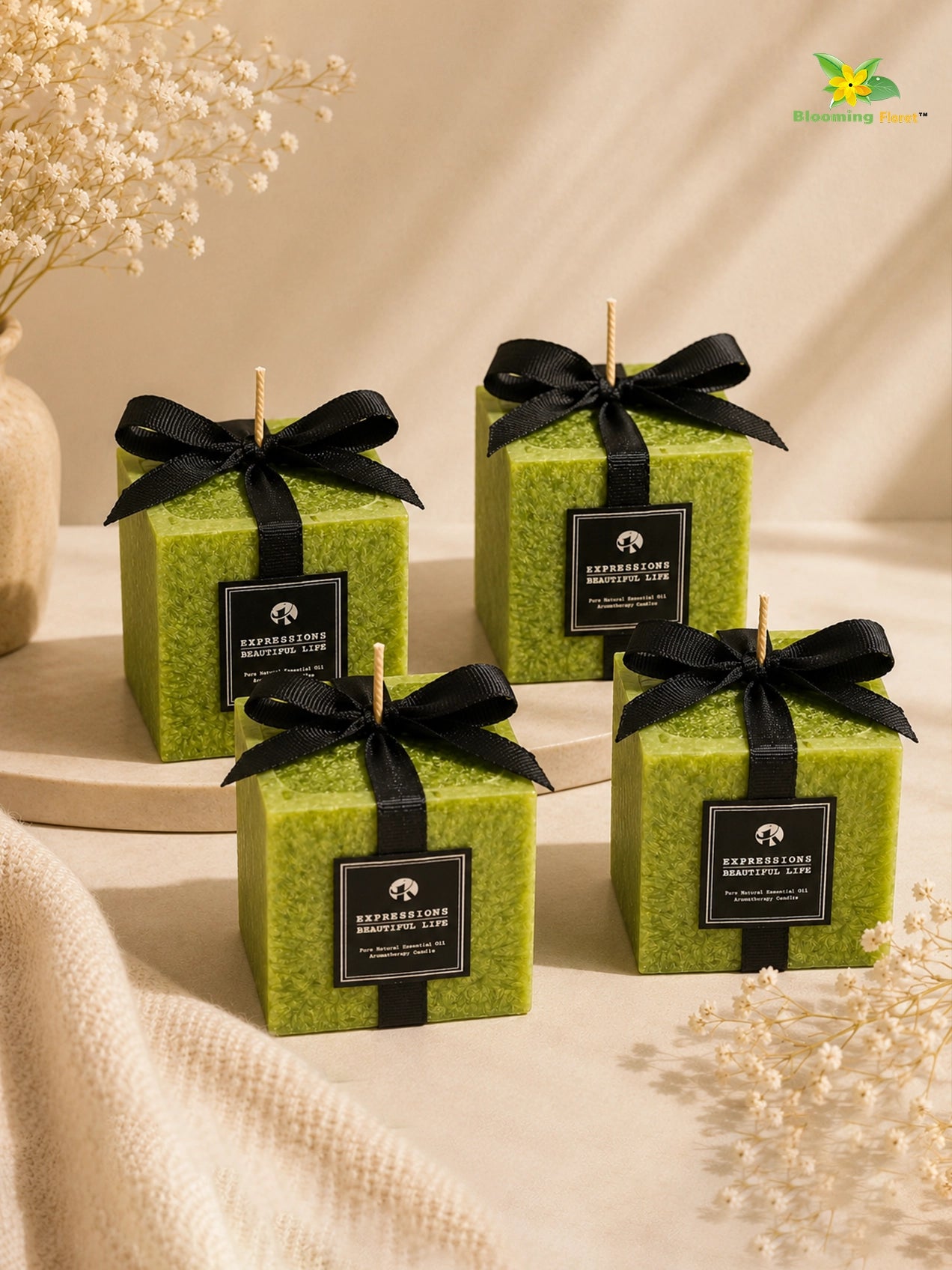Scented Square Candle Expressions | Green | 8 cm | Set of 4