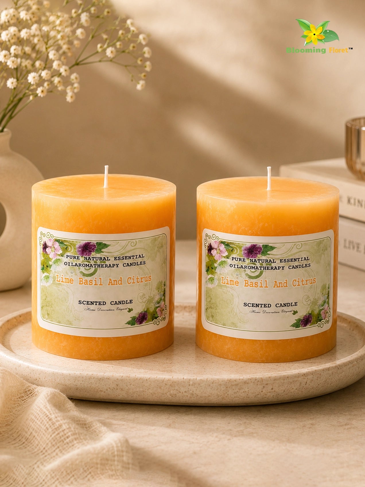 Lime Basil & Citrus Scented Pillar Candle | 8 cm | Set of 2