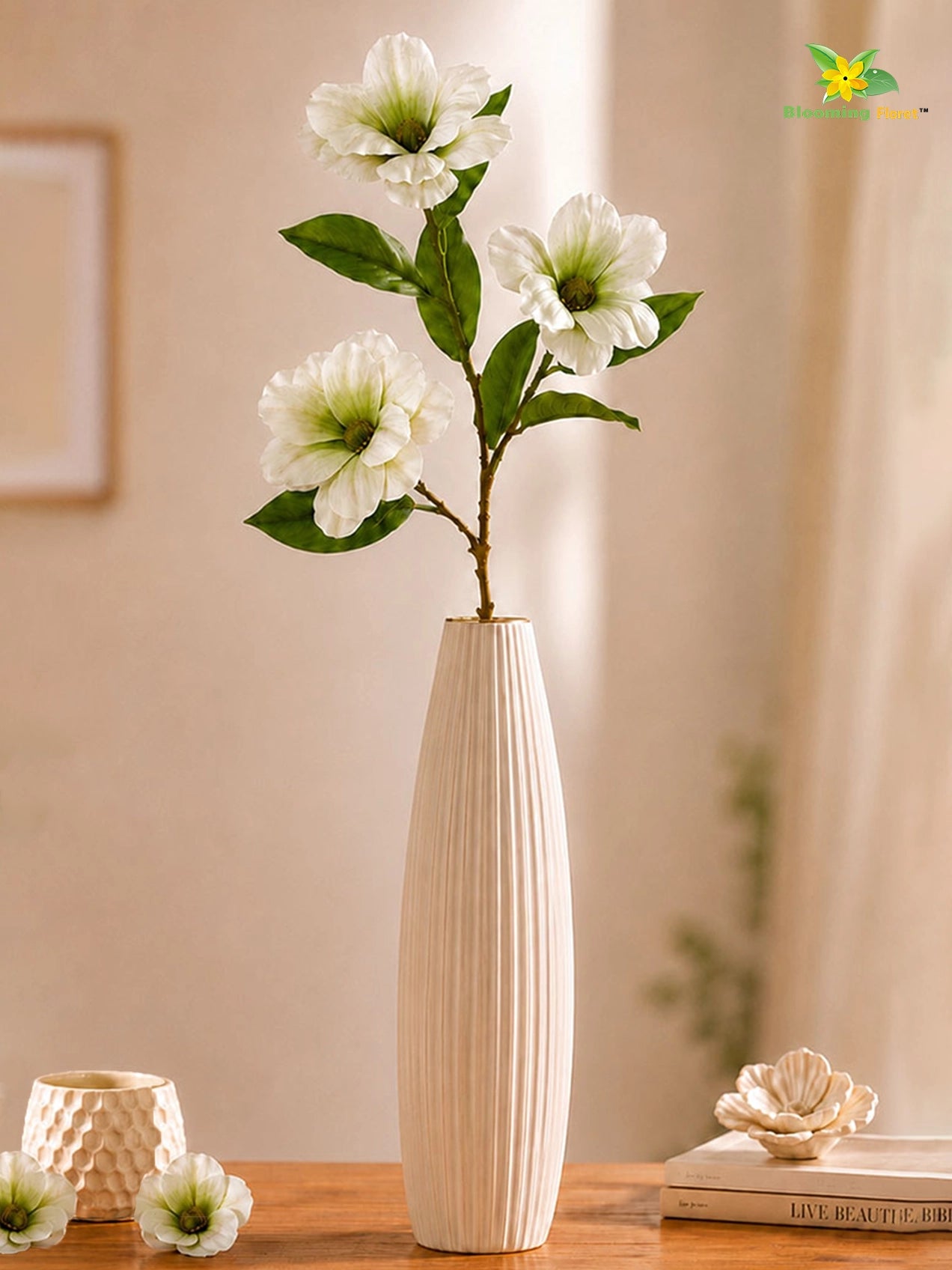 Magnolia Flower Stick | White, Green | 95 cm