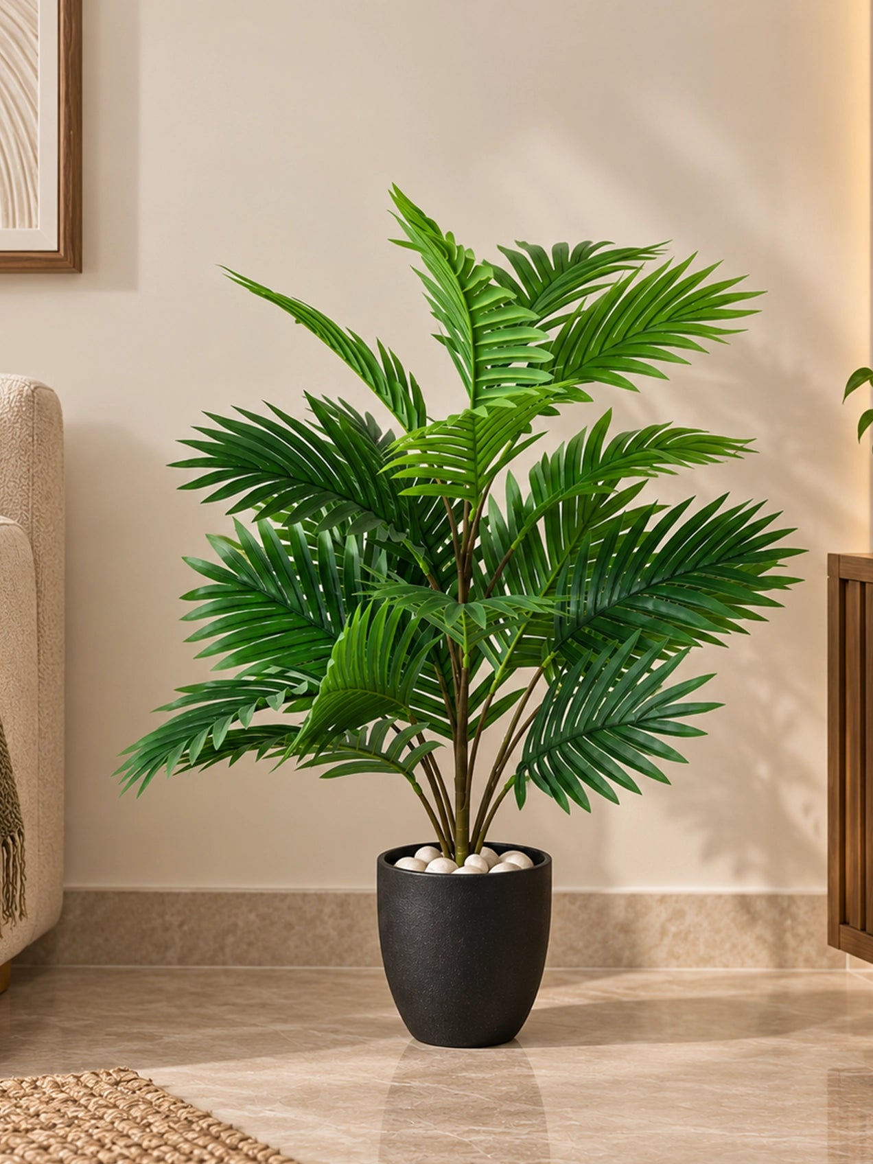 Artificial Areca Palm Plant | 63 cm | 21 Leaves | With Basic Black Pot