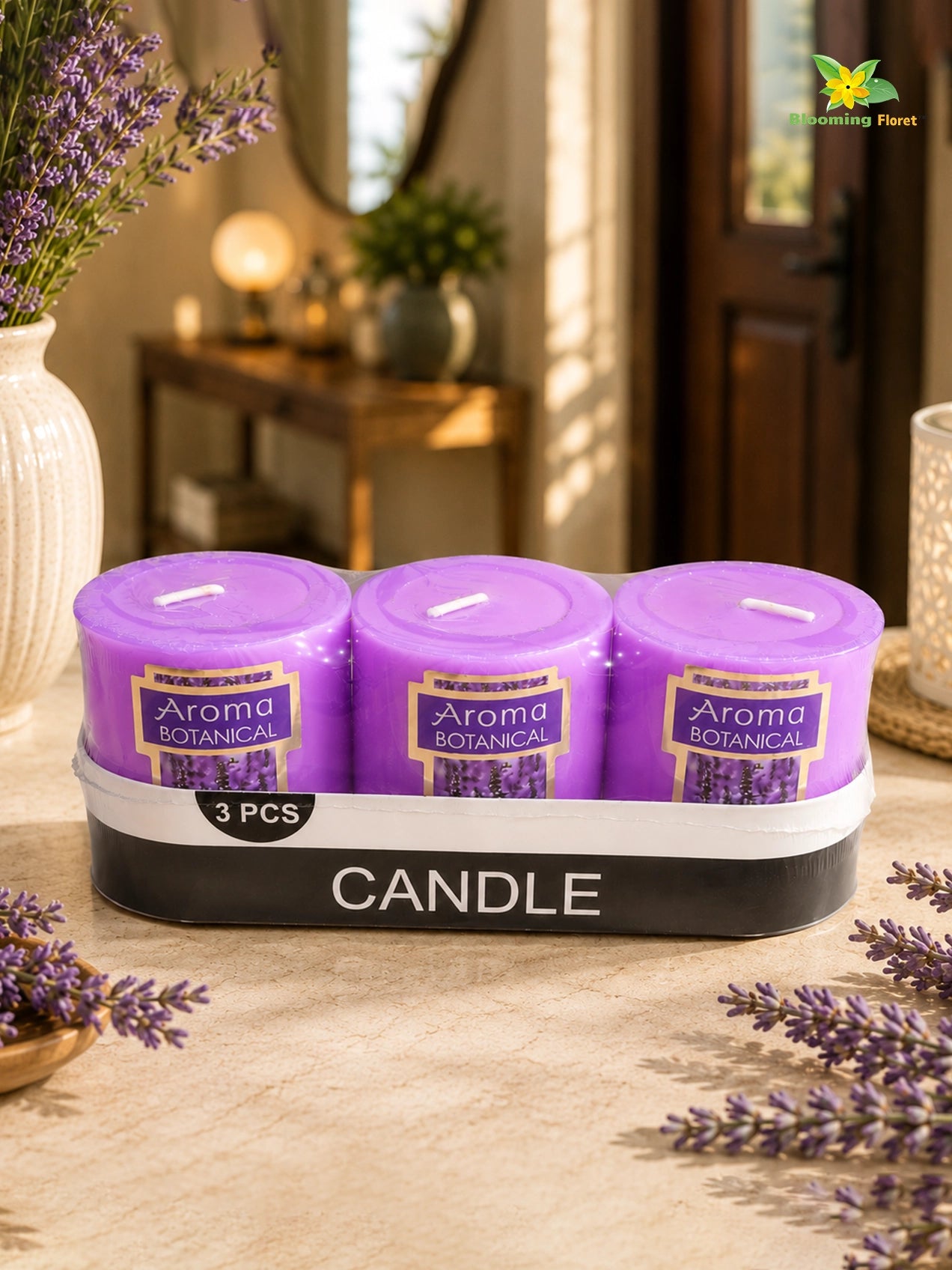 Lavender Scented Pillar Candles | 5 cm | Set of 1, 3 Pcs