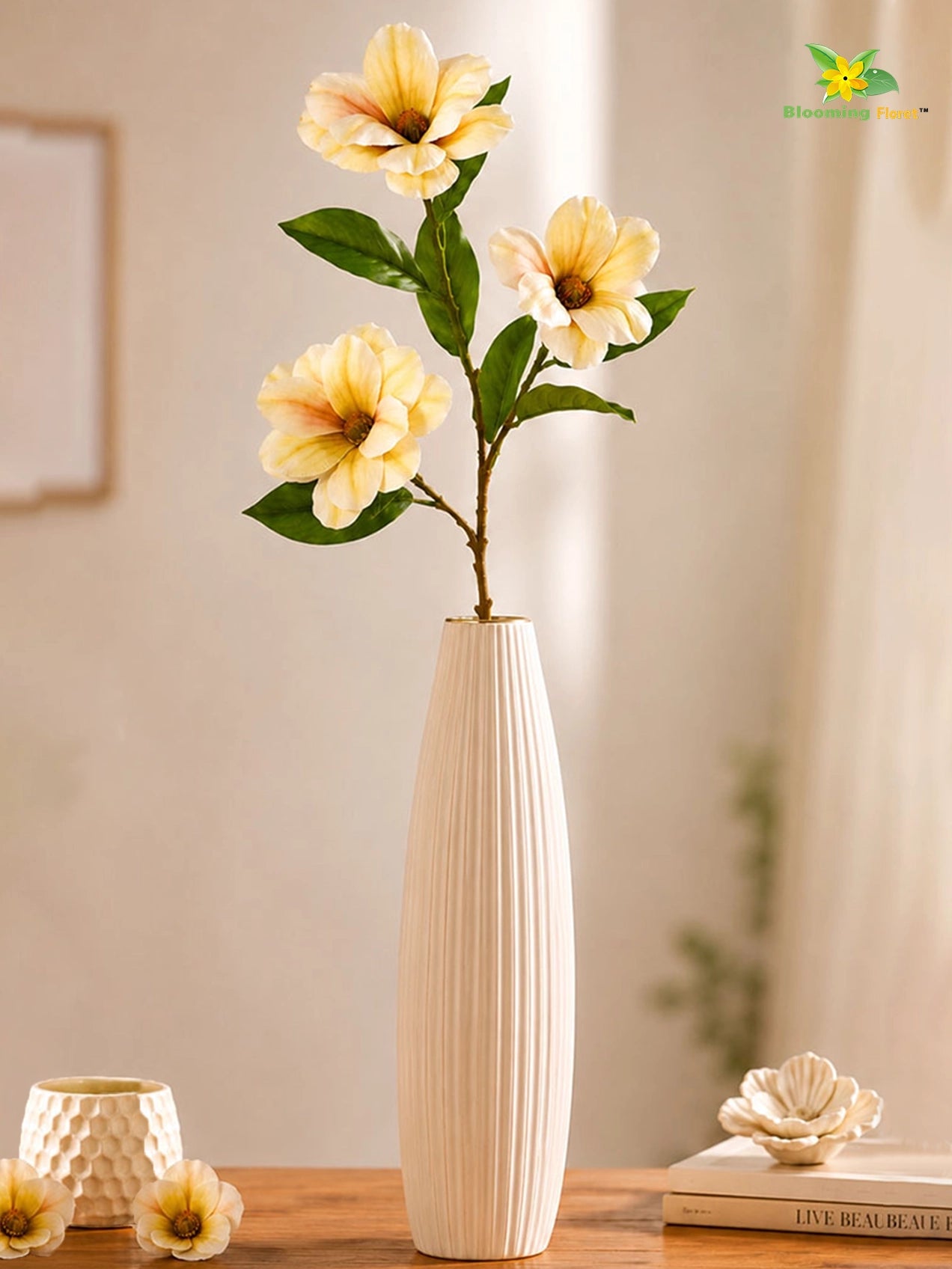 Magnolia Flower Stick | White, Yellow | 95 cm