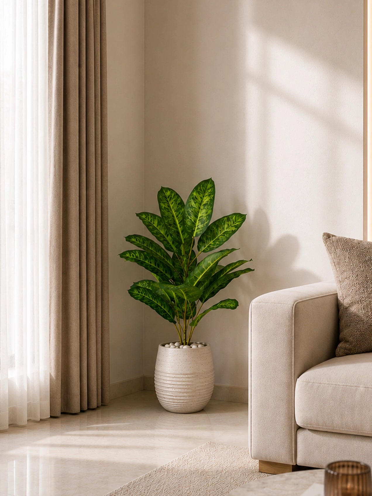 Artificial Tropical Snow Plant for Decor | 21 Leaves | 70 cm | With Basic Pot