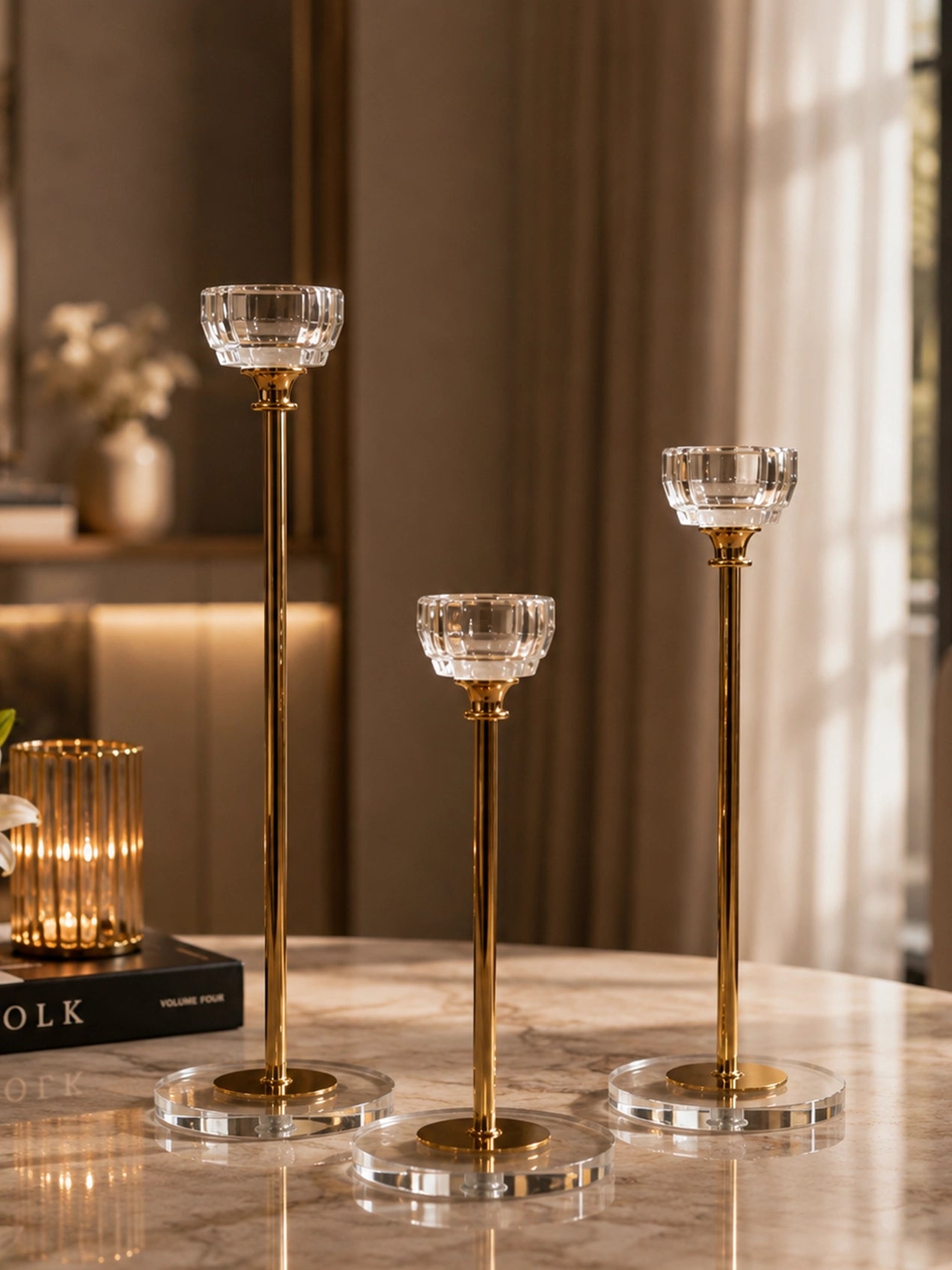 Candle Holder with Glass Base | Golden | Circular Top | Set of 3