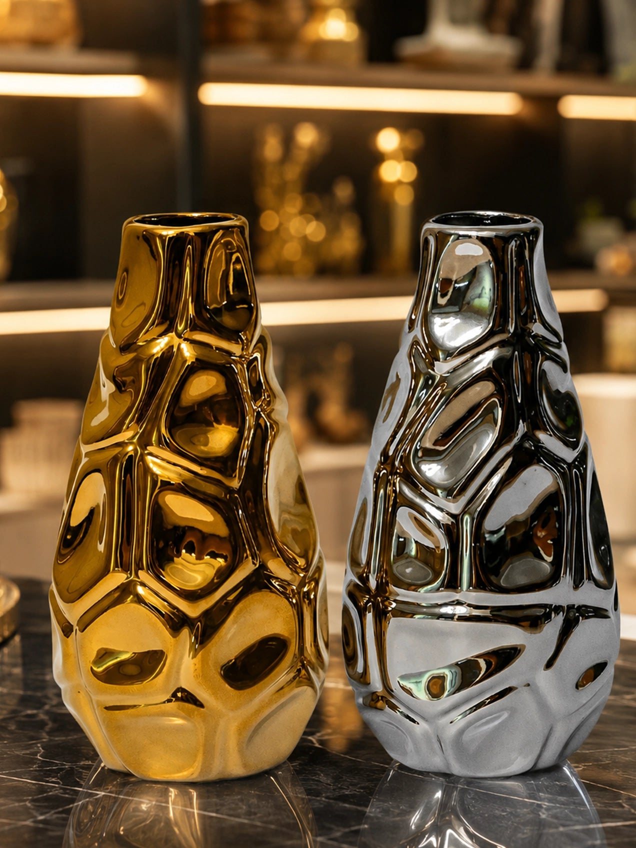 Luxe Honeycomb Geometry Vase | Golden, Silver | 15 cm | Set of 2