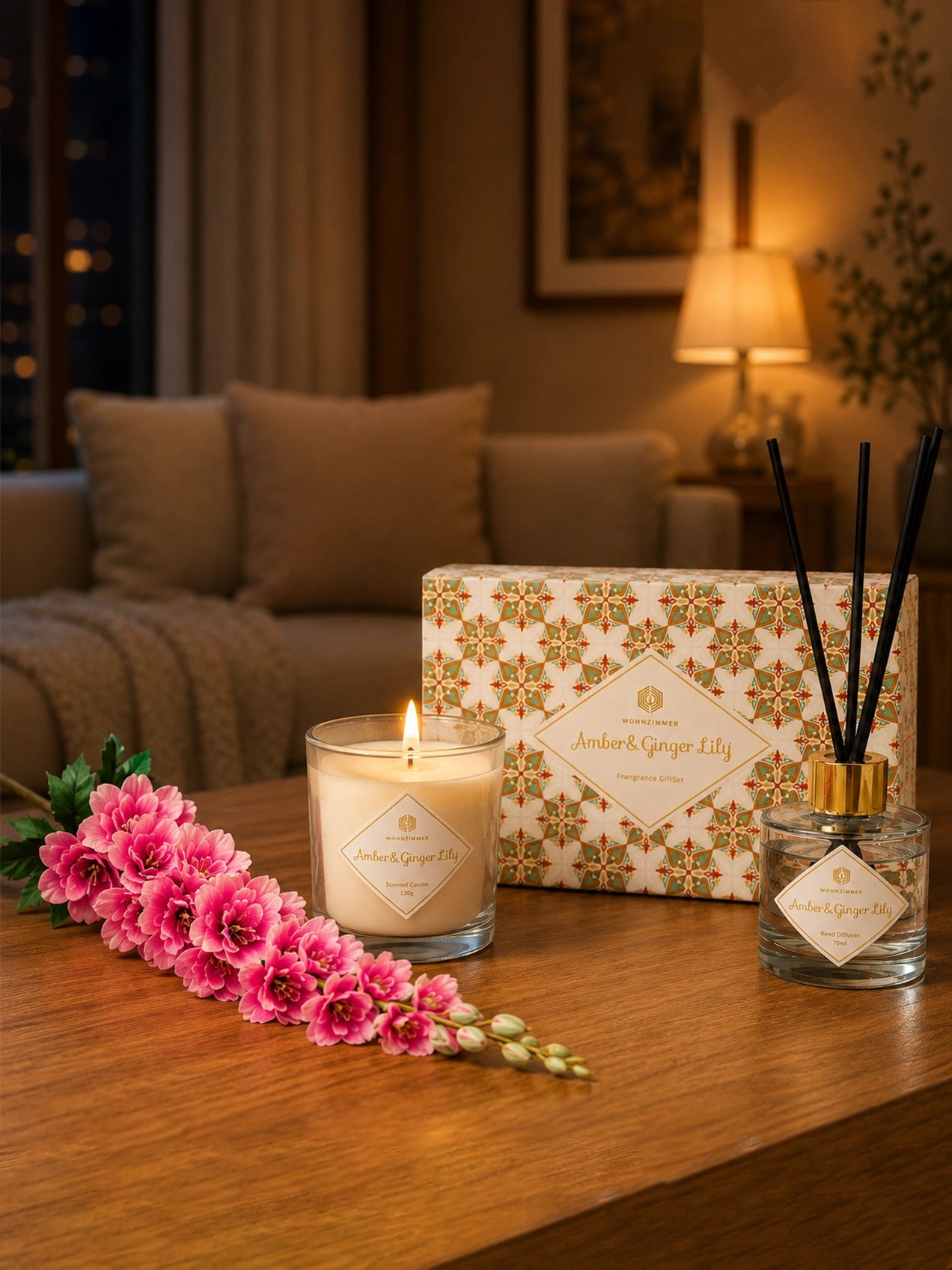 Amber Ginger & Lily Candle & Reed Diffuser Set with Pink Delphinium
