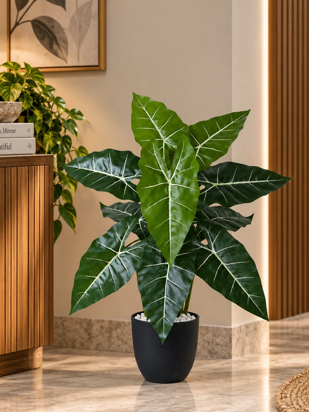 Artificial White-Veined Caladium Plant | 62 cm | 12 Leaves | With Basic Pot