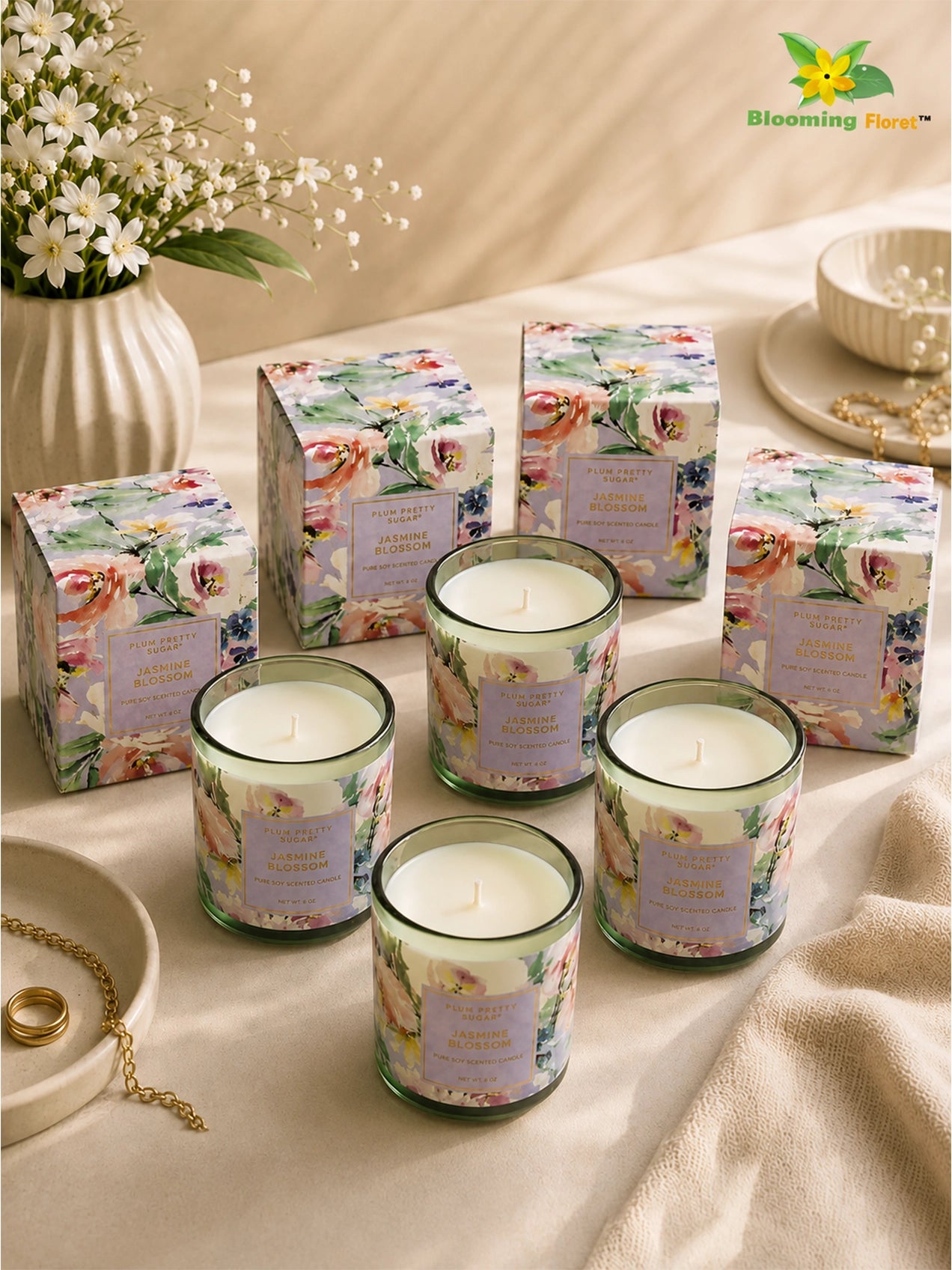 Scented Candle Glass Jar | Jasmine Blossom | 6 cm | Set of 4