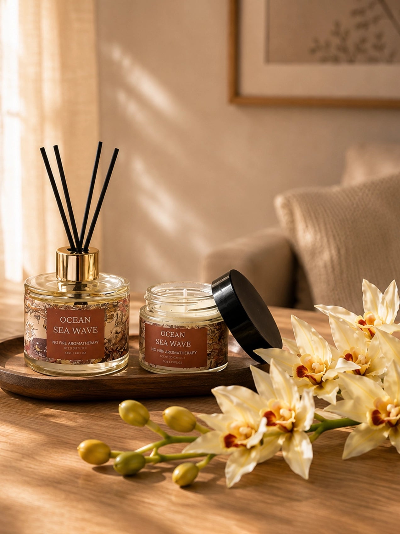 Ocean Sea Wave Candle & Diffuser Set with White Orchid