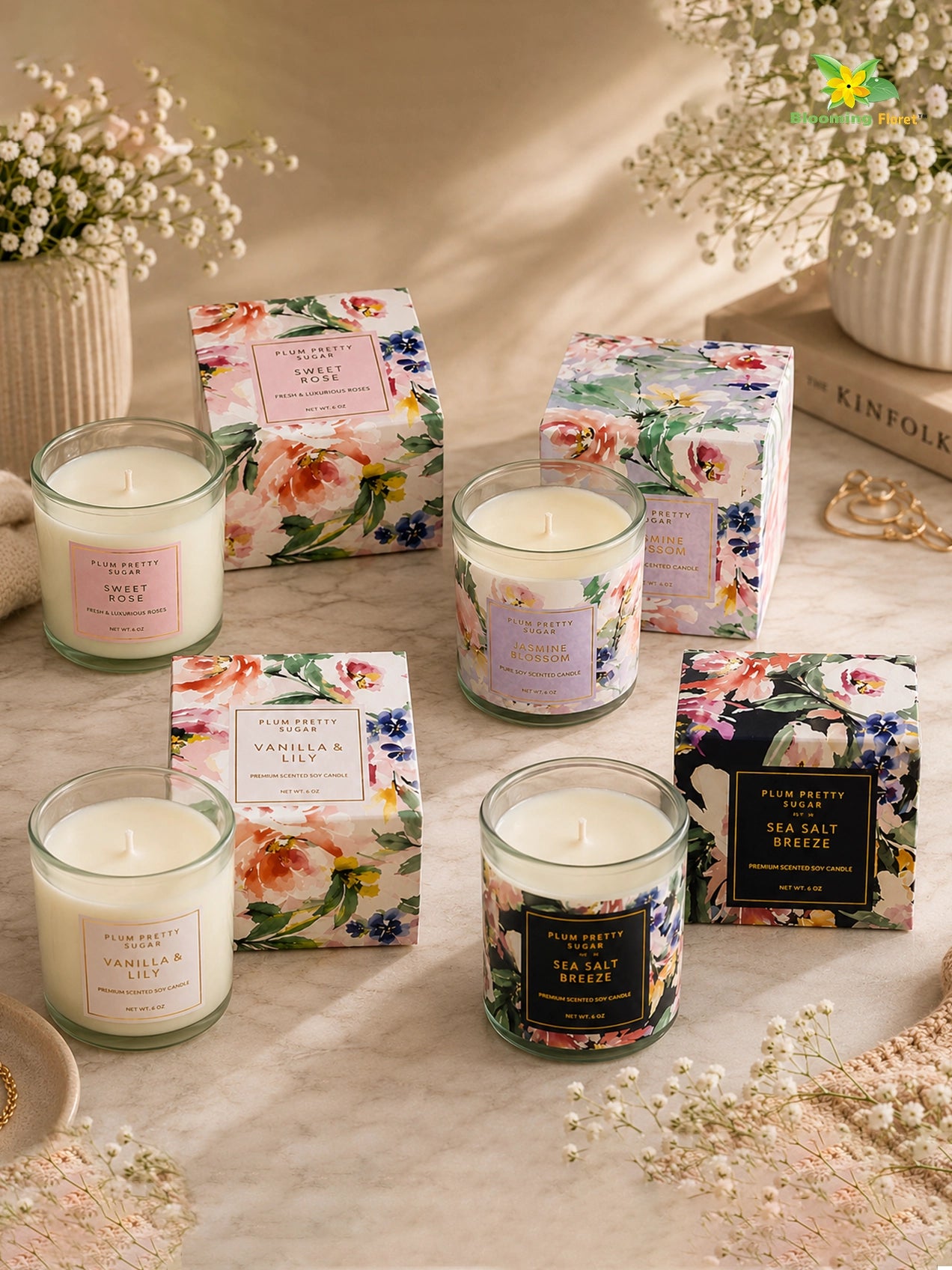 Sweet Rose, Jasmine Blossom, Vanilla Lily, Salt Salt Scented Candle Glass Jar | 6 cm | Set of 4