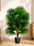 Artificial Fan Palm Plant | Patterned Green Leaves | 75 cm | 18 Leaves | With Basic Pot