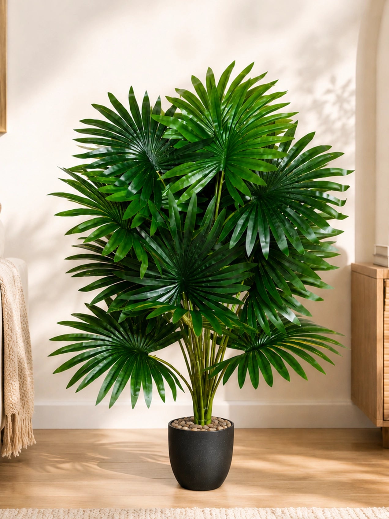 Artificial Fan Palm Plant | Patterned Green Leaves | 75 cm | 18 Leaves | With Basic Pot