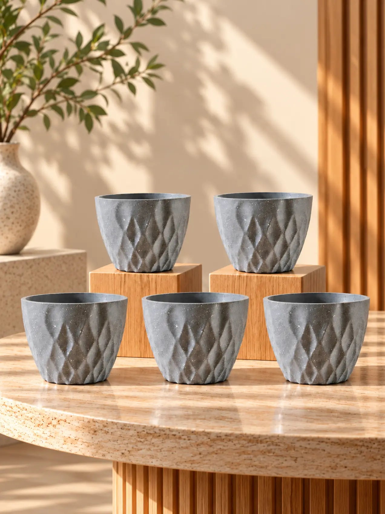 Diamond Pattern Round Planter | 13 cm | Set of 5