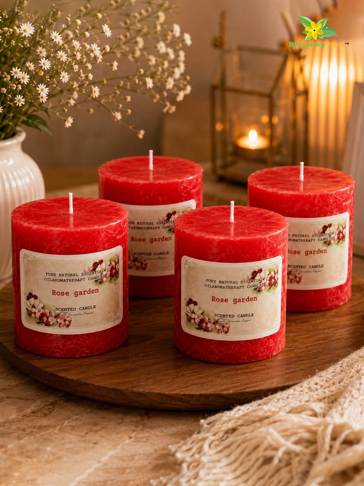 Rose Garden Scented Pillar Candle | 8 cm | Set of 4