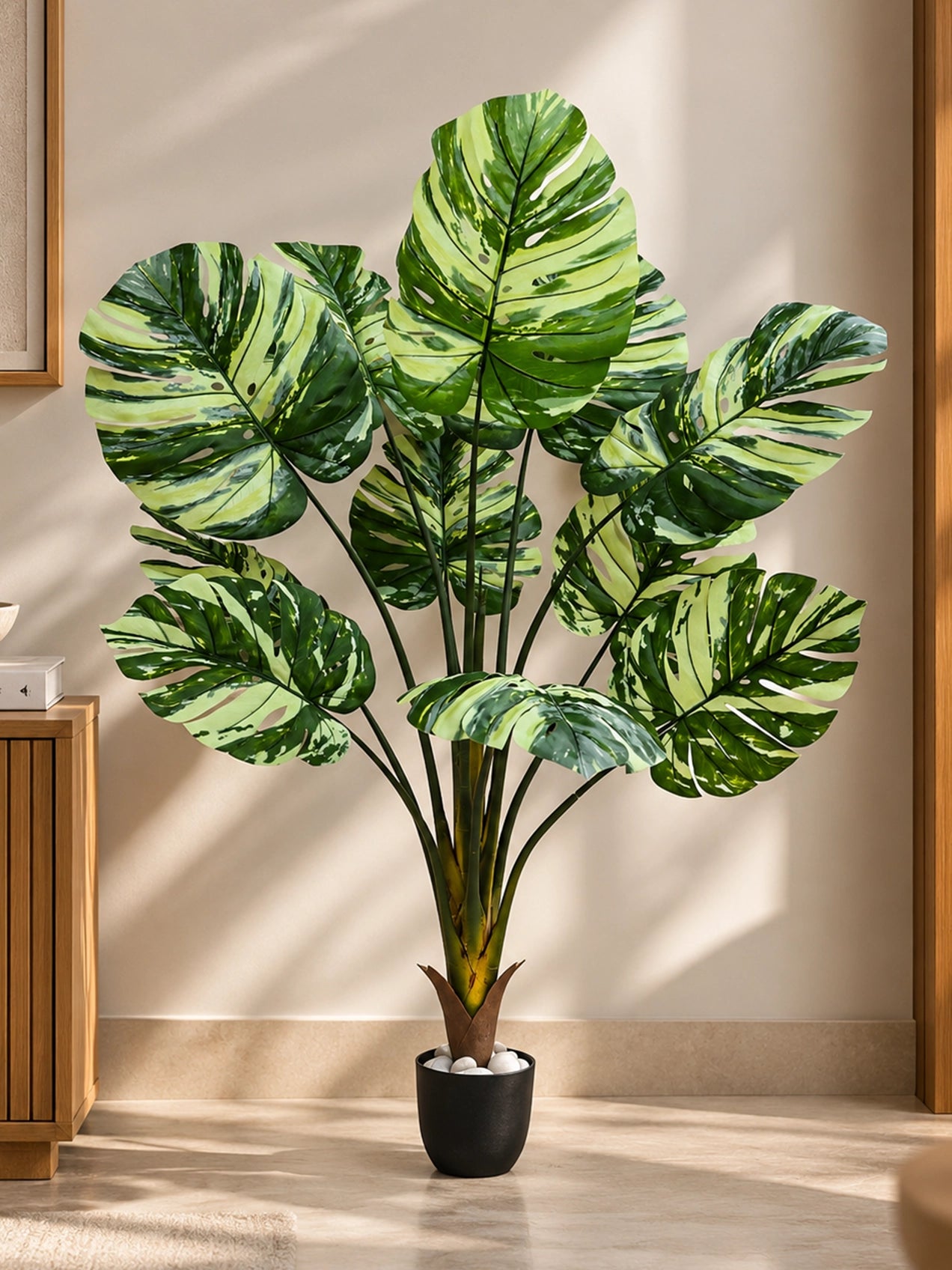 Artificial Monstera Tree Plant | Green Mix Leaves | 123 cm | 11 Leaves | With Basic Pot