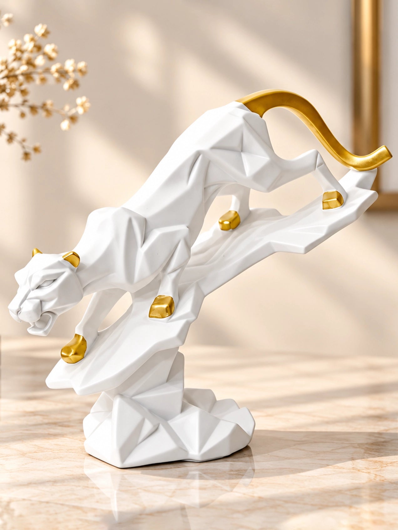 Modern Geometric Panther Sculpture | White | 25 cm