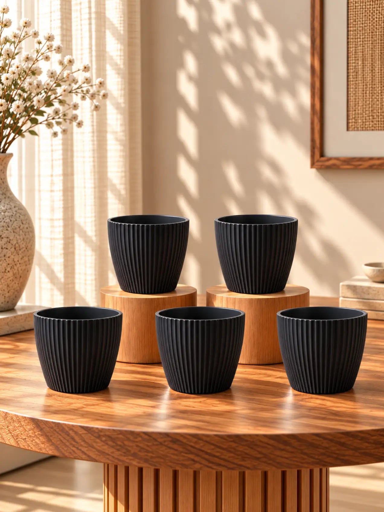 Elegant Ribbed Melamine Pot | Black | 15 cm | Set of 5