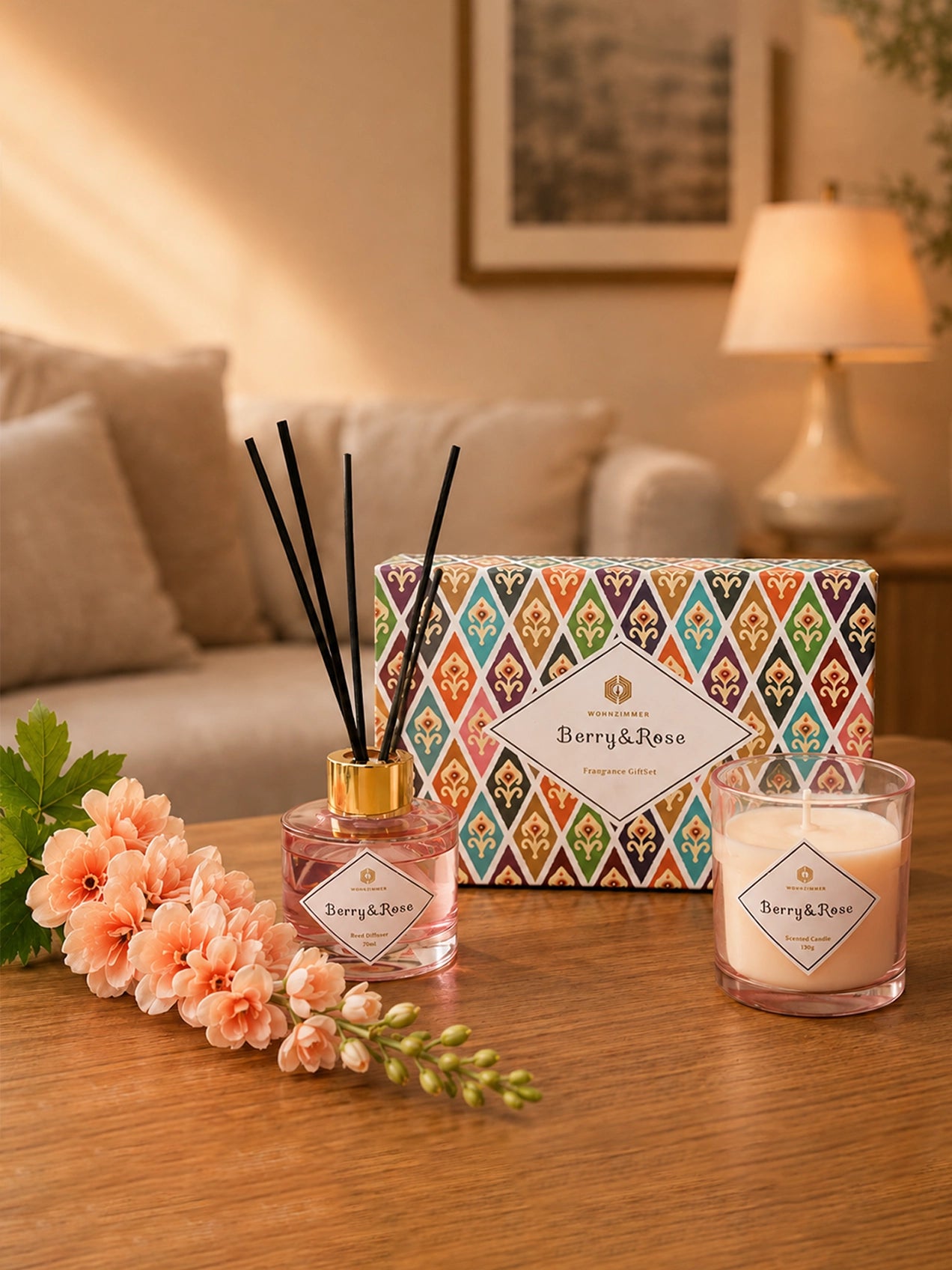 Berry & Rose Candle & Reed Diffuser Set with Peach Delphinium