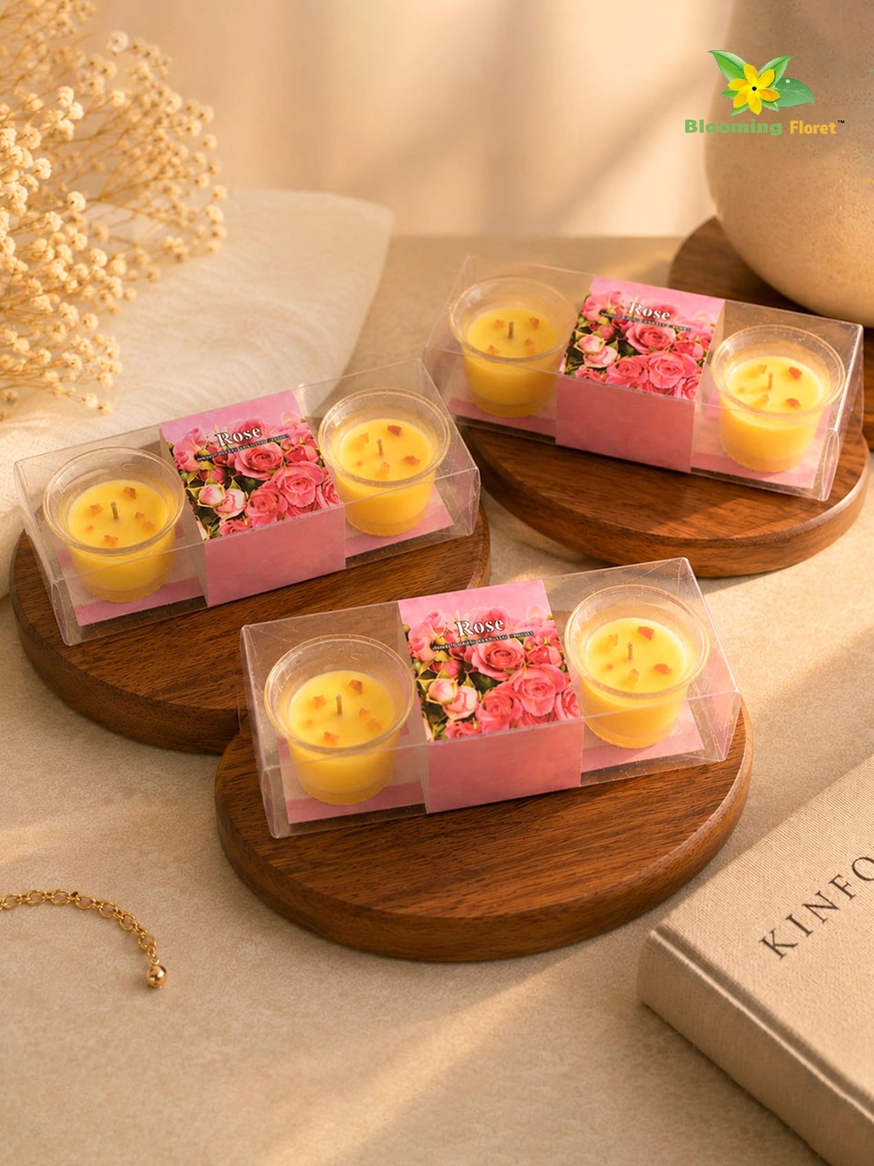 Glass Candle | Rose | 5 cm | Set of 3, 6 Pcs
