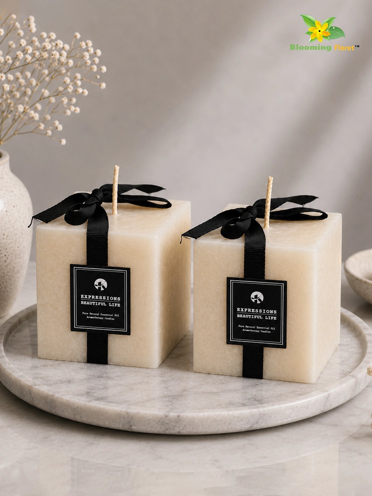 Scented Square Candle Expressions | Cream | 8 cm | Set of 2