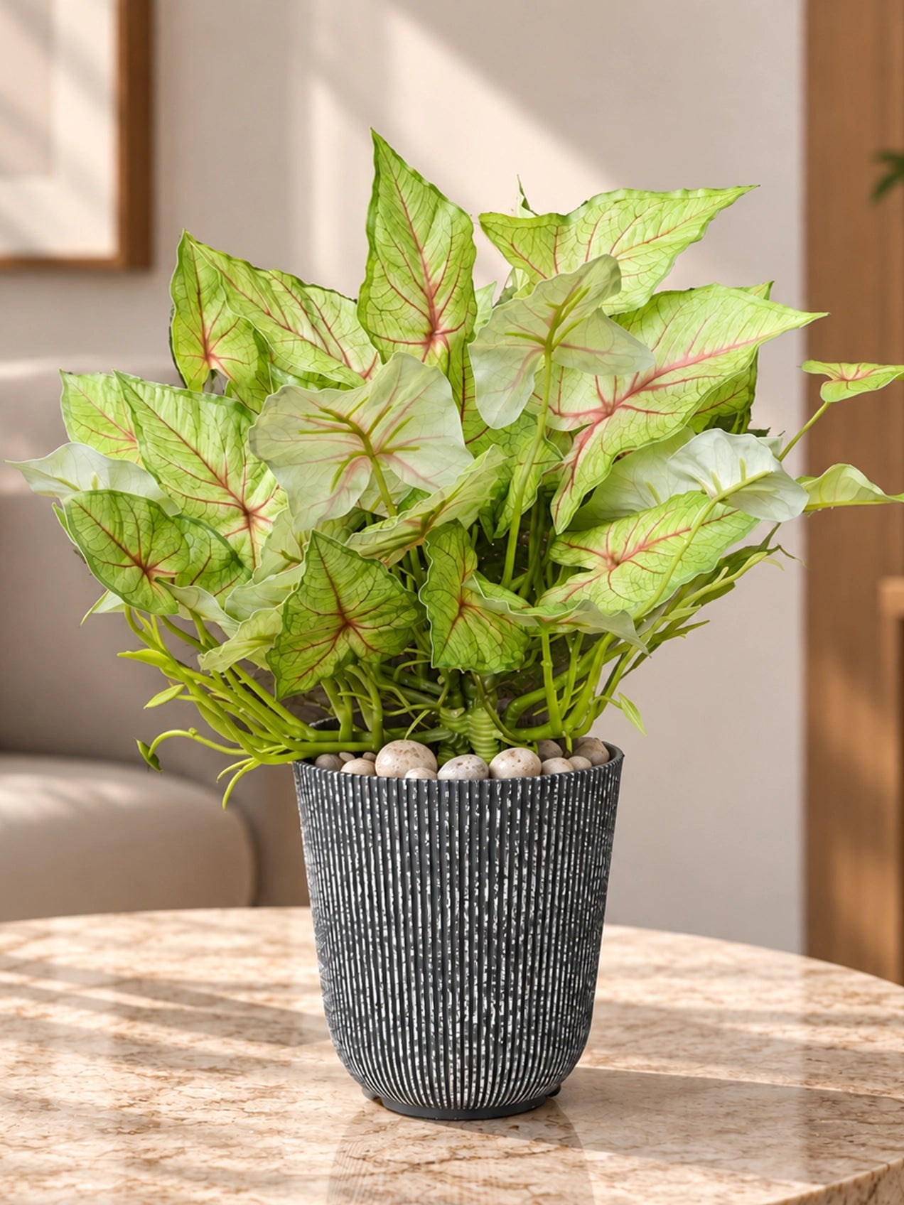 Boho Bliss Artificial Caladium Plant | Light Green & Red Patterned Leaves | 35 cm | With Basic Pot