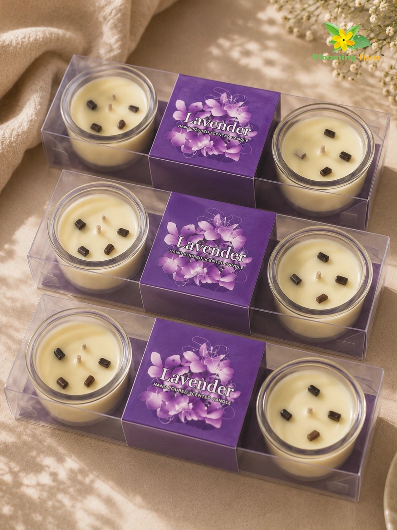 Glass Candle | Lavender | 5 cm | Set of 3, 6 Pcs