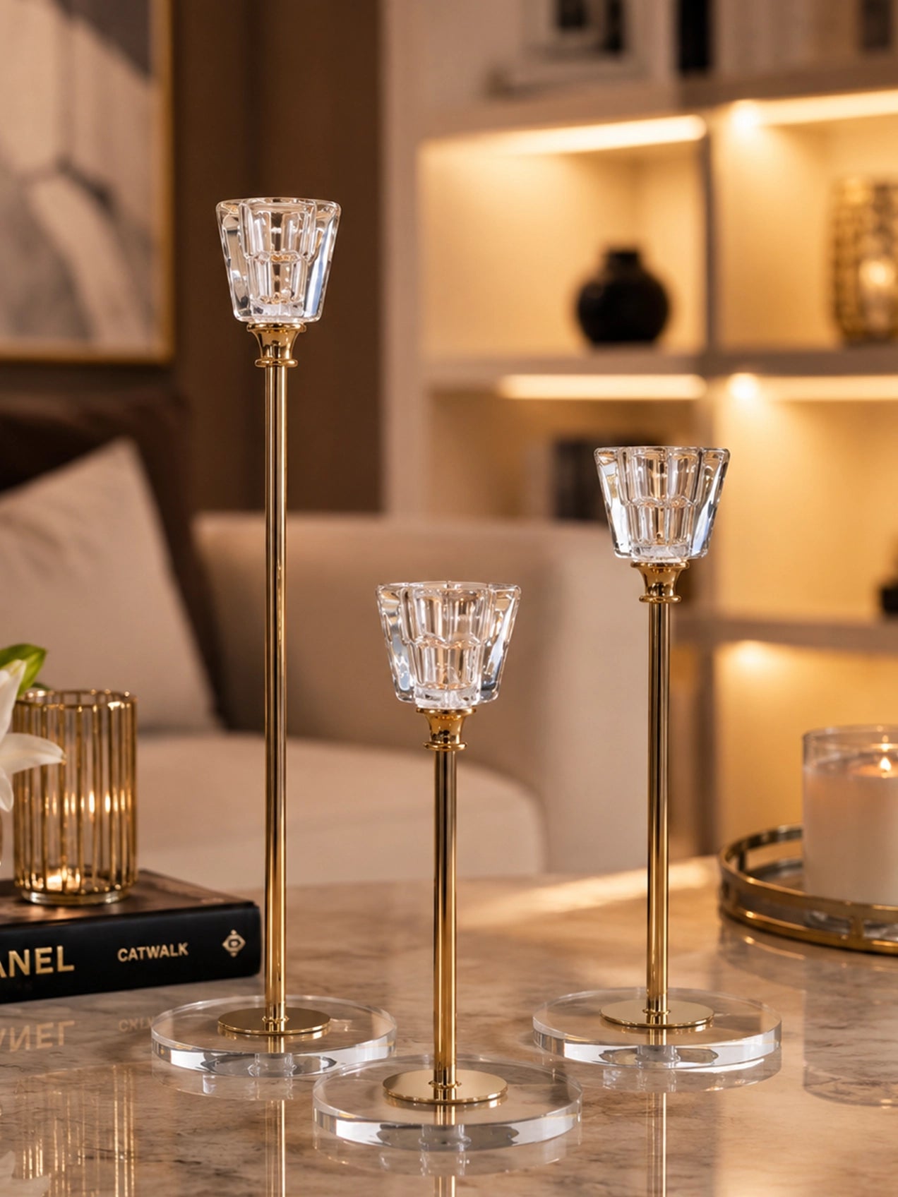 Candle Holder with Glass Base | Golden | Square Top | Set of 3