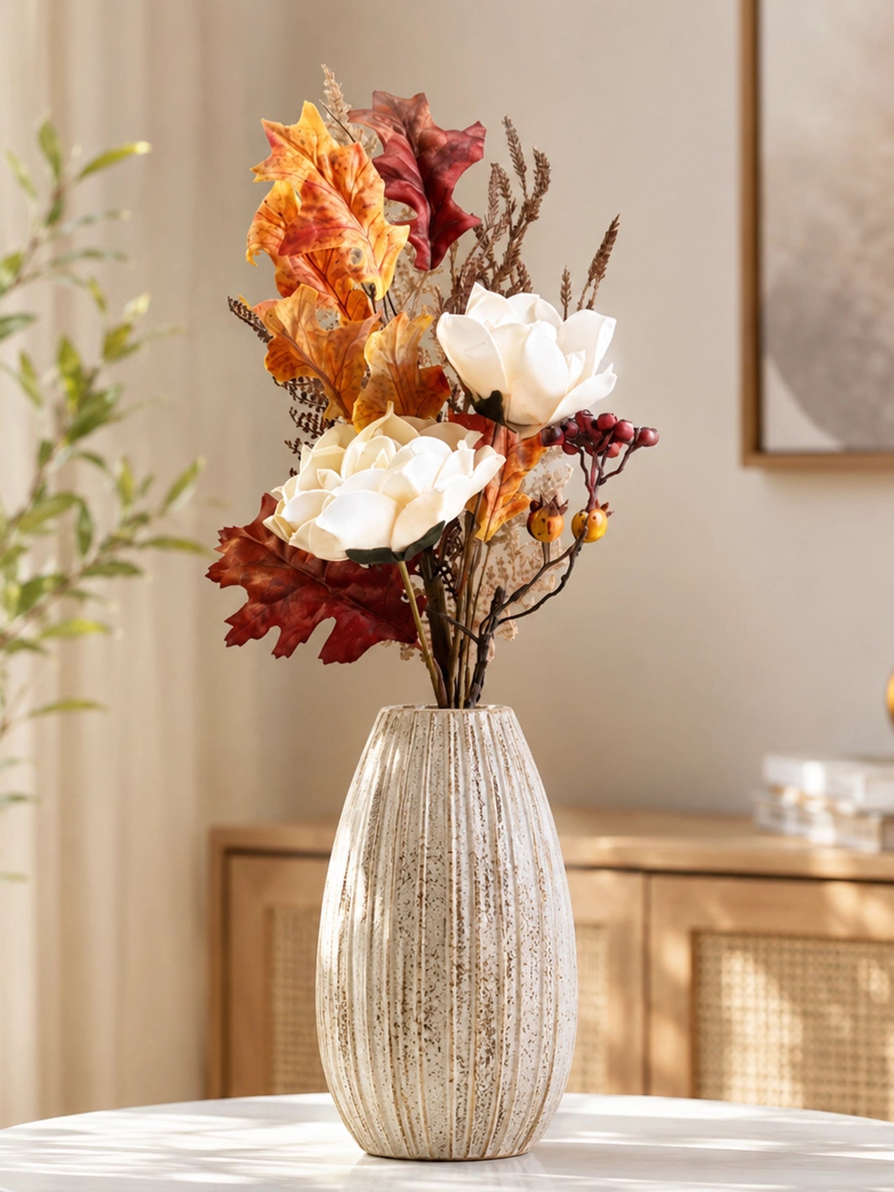 Dried Rose & Fall Leaves Bunch | Cream | 60 cm