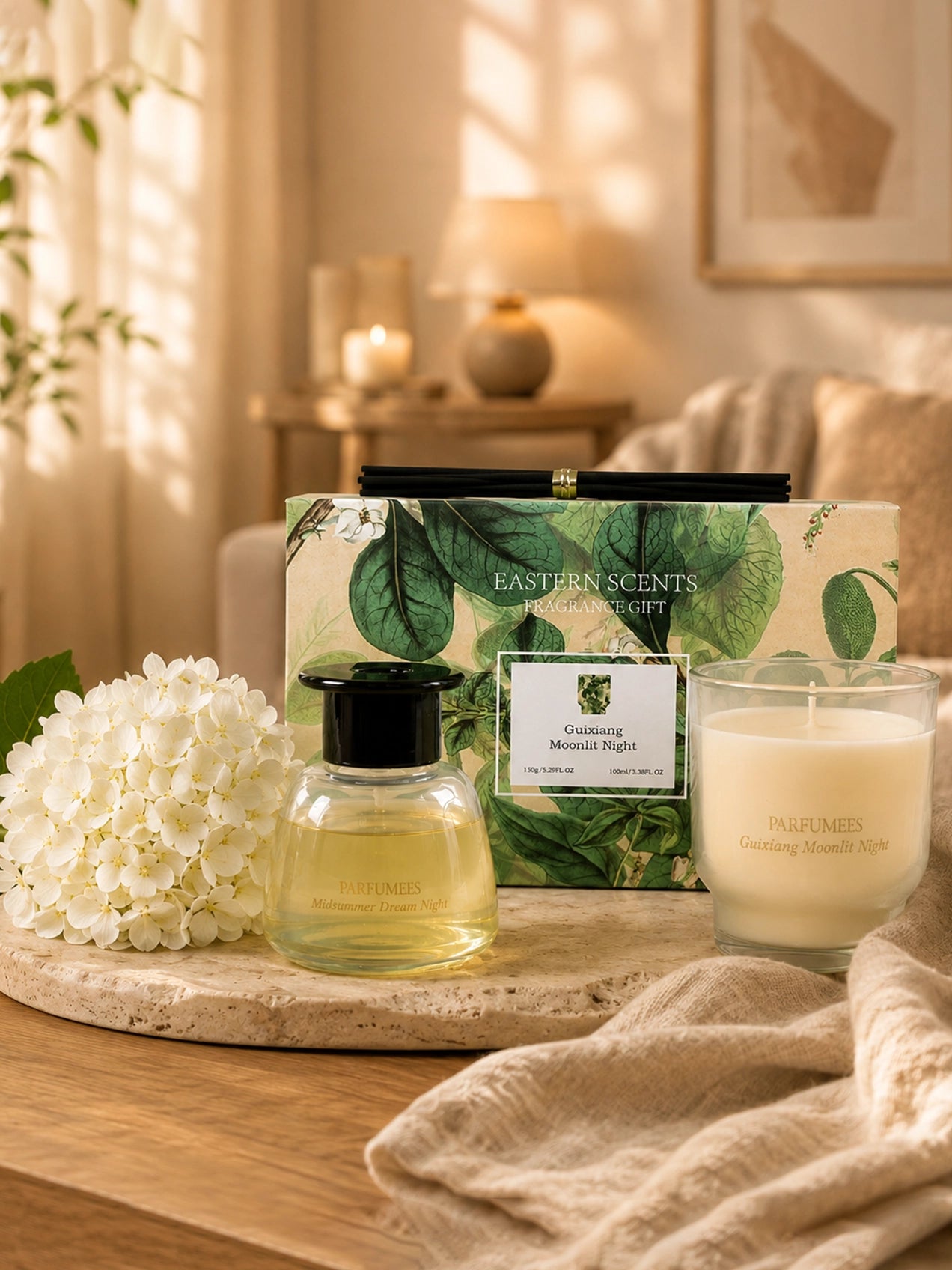 Guixiang Moonlit Candle & Diffuser Set with White Hydrangea